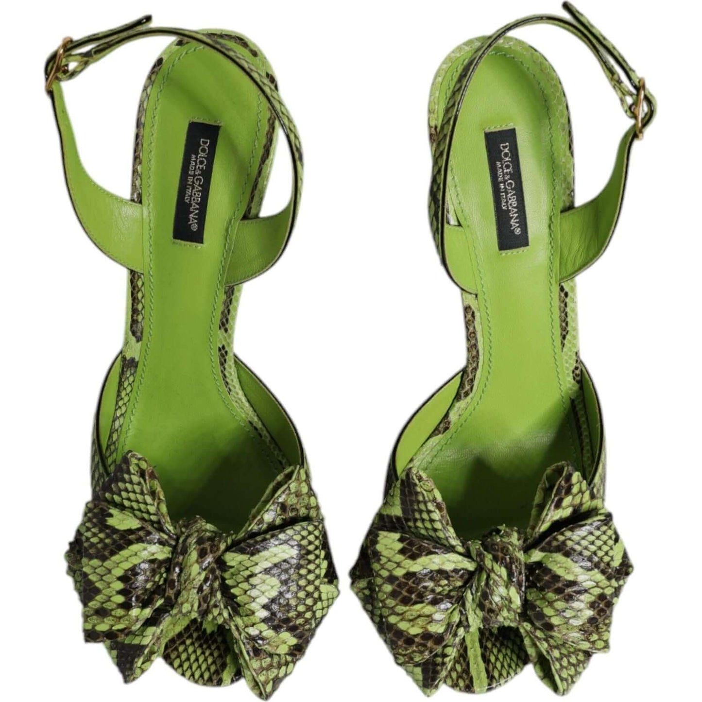 Dolce & Gabbana green python leather high heel sandals with bow detail and buckle closure, made in Italy.