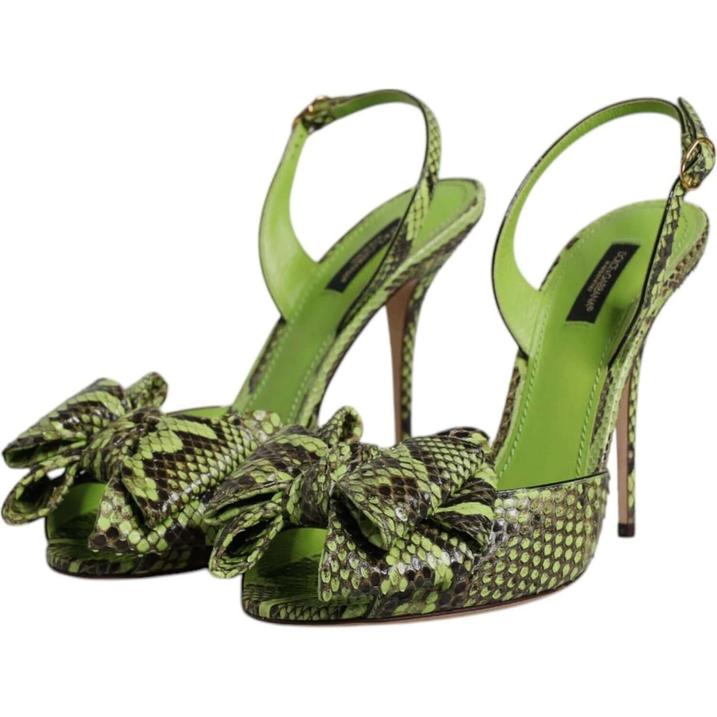 Dolce & Gabbana green python leather heels sandals with animal print, featuring buckle closure and logo details, luxury Italian craftsmanship