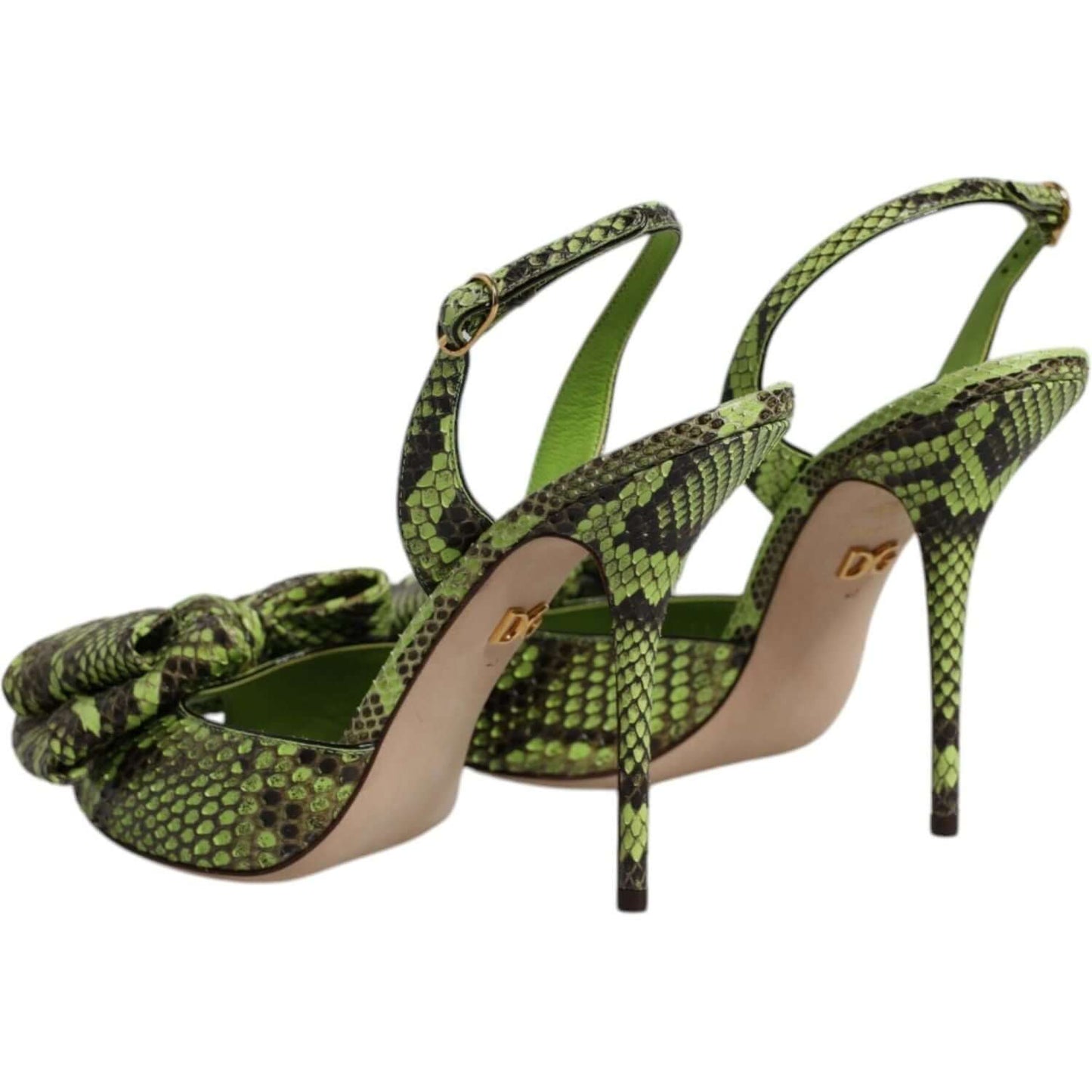 Dolce & Gabbana green python leather high heels sandals with buckle closure and logo detail, made in Italy.