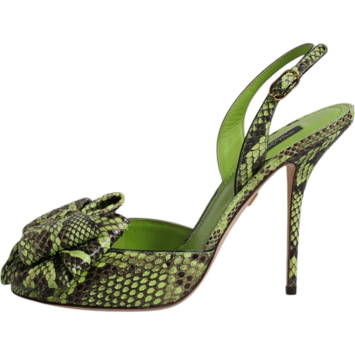Dolce & Gabbana green python leather high heel sandals with buckle closure and animal print, made in Italy.