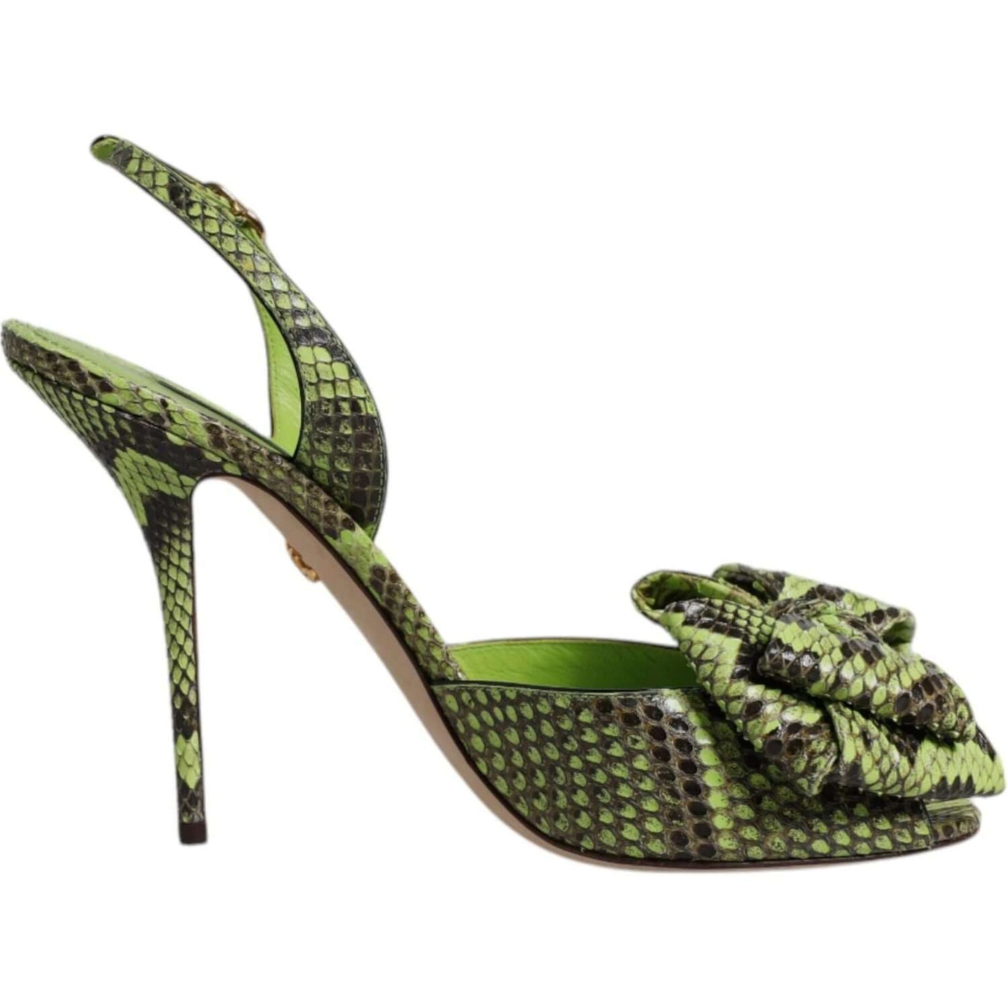 Dolce & Gabbana green python leather high heel sandals with animal print and buckle closure, luxury Italian craftsmanship.