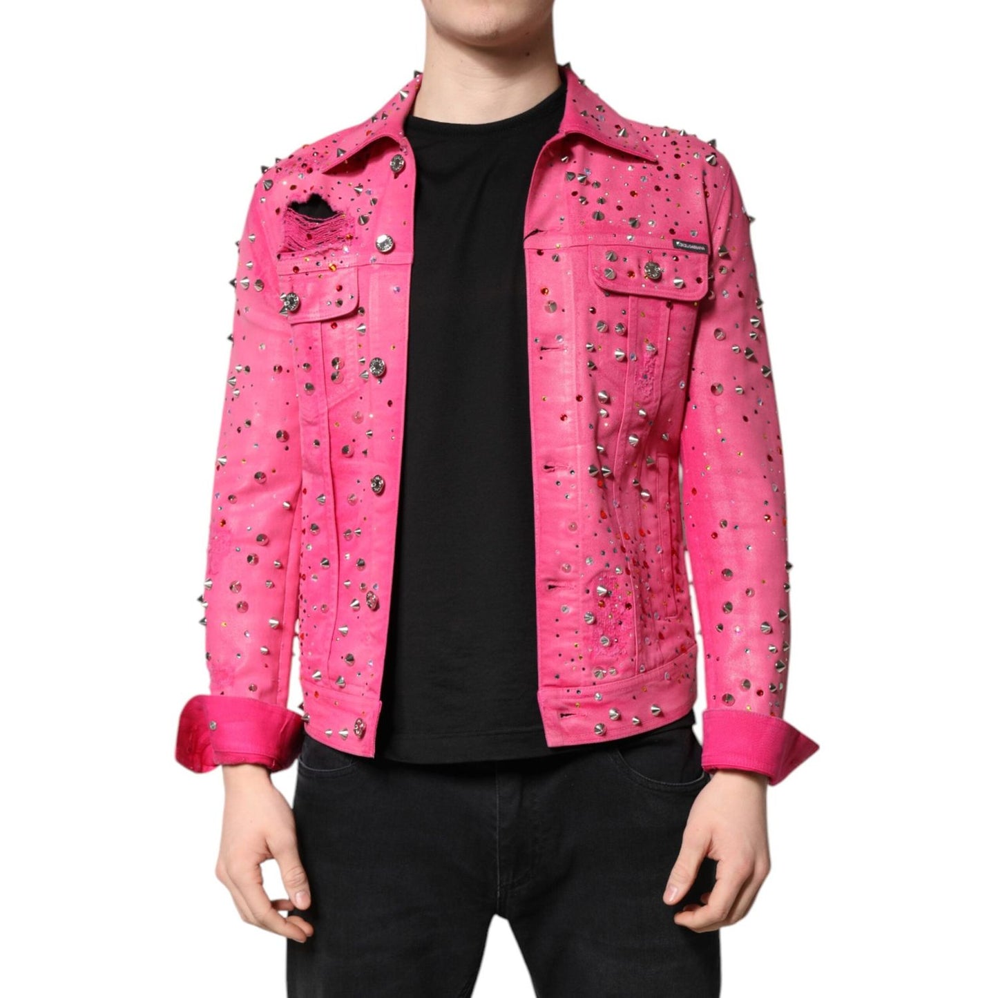 Dolce & Gabbana Pink Crystal Embellished Cotton Denim Jacket JKT41474-46