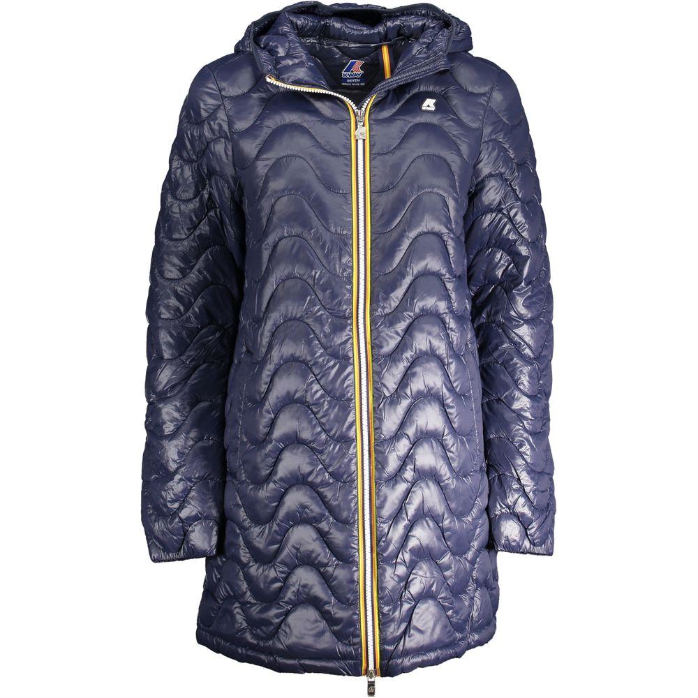 K-WAY blue polyamide jacket with hood, eco-warm features, 2 pockets, contrasting details, zip closure, and logo. 50% recycled material.