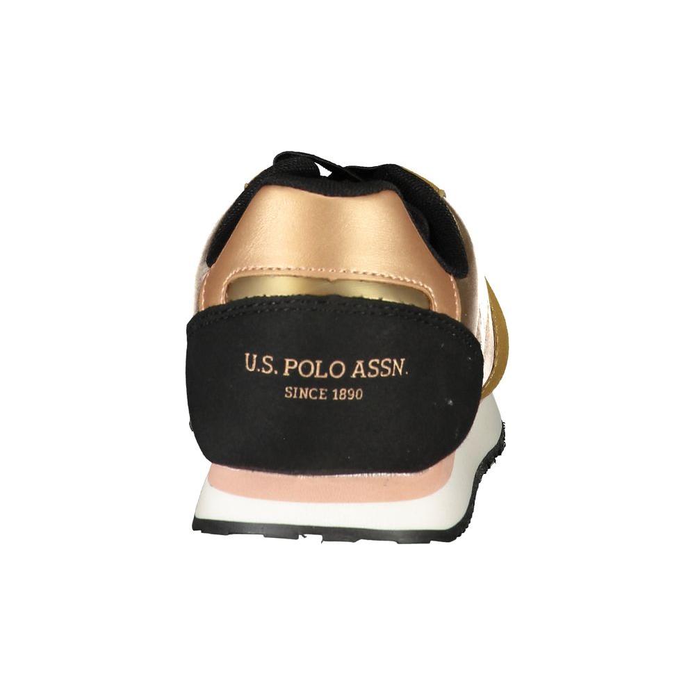 Back view of U.S. POLO ASSN. gold polyester sneaker showing logo, contrast details, sports footwear with laces.