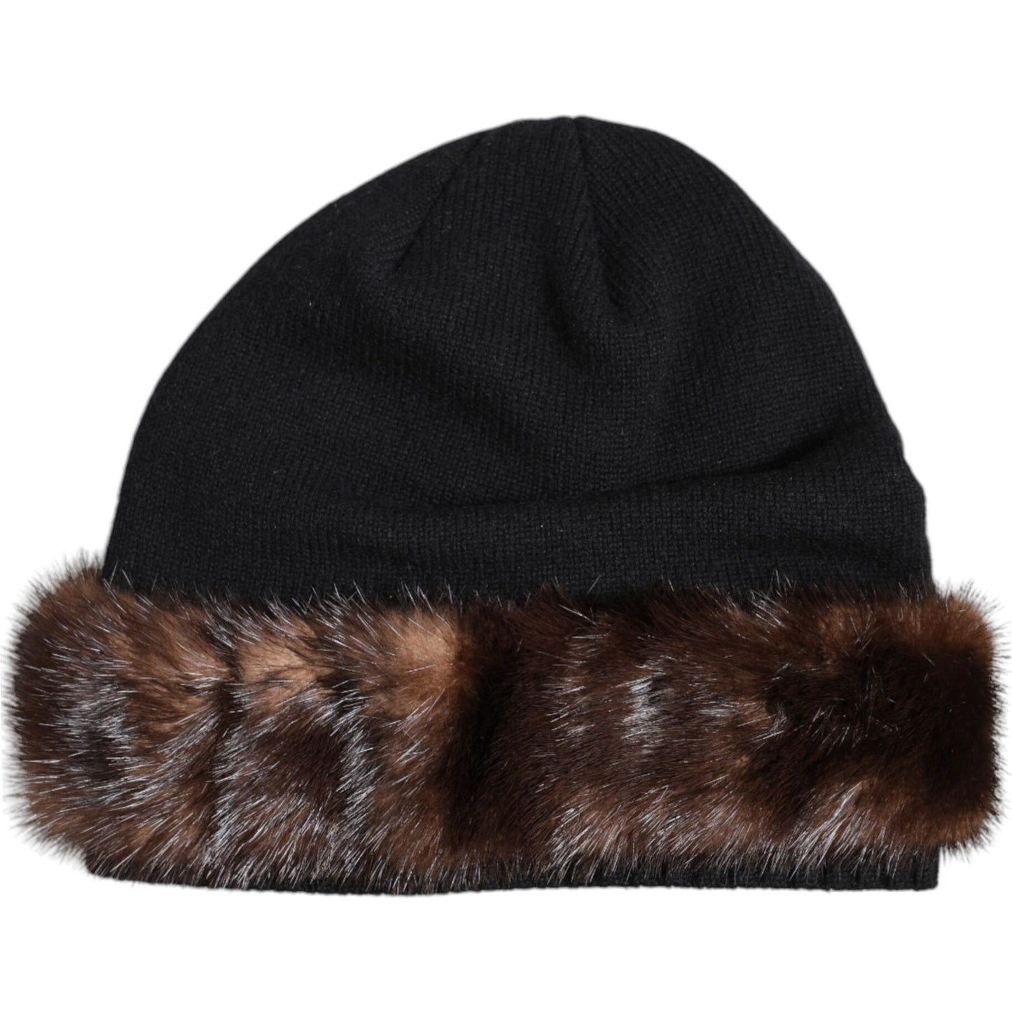 Dolce & Gabbana black knitted beanie hat with fur embellishment, luxury winter accessory, made in Italy, missing tag detail shown