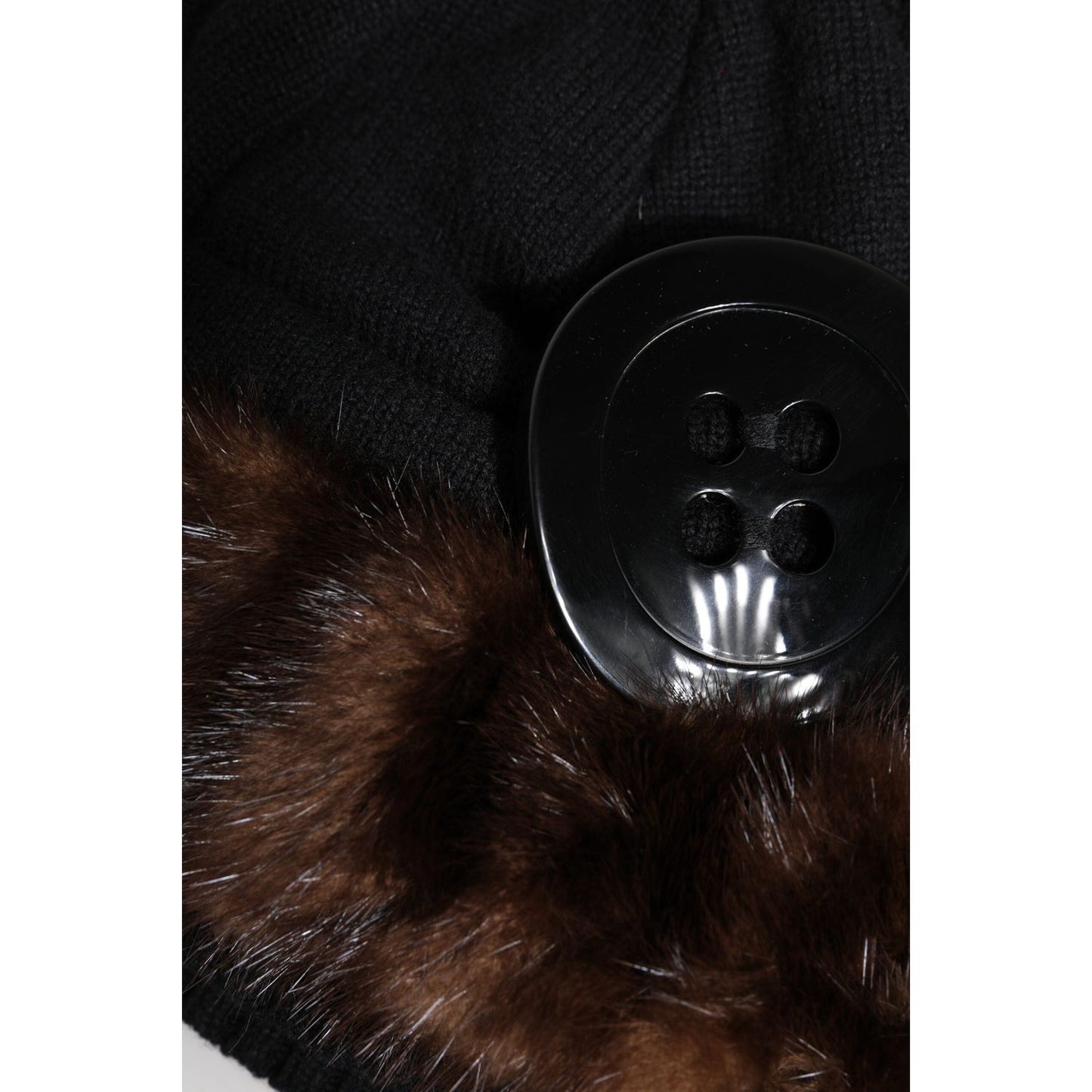 Dolce & Gabbana black knitted beanie with fur embellishment and button detail, missing tag, made in Italy, men's winter fashion accessory.