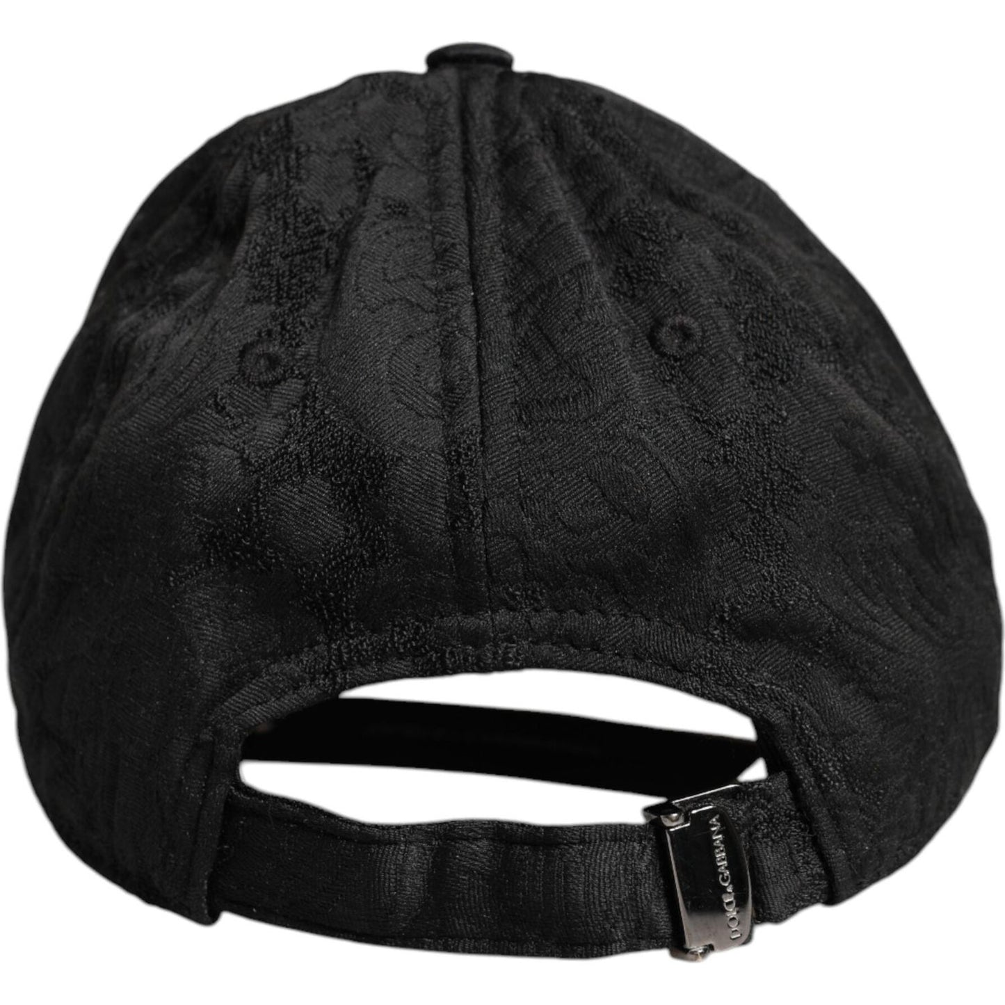 Back view of Dolce & Gabbana black floral jacquard baseball cap, featuring an adjustable strap and iconic logo detailing.