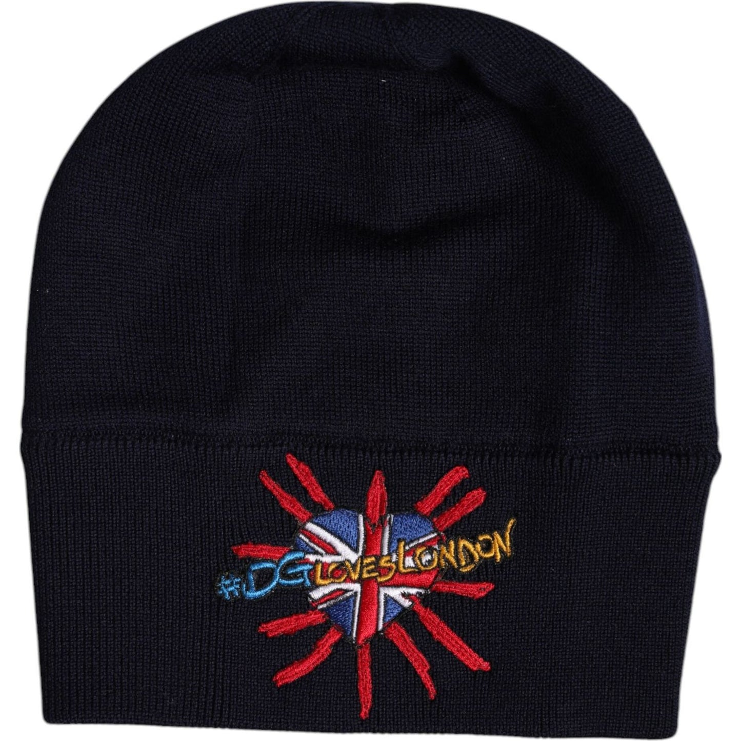 Dolce & Gabbana black wool men's beanie with #DGLovesLondon embroidery, Union Jack design, 100% virgin wool, made in Italy.