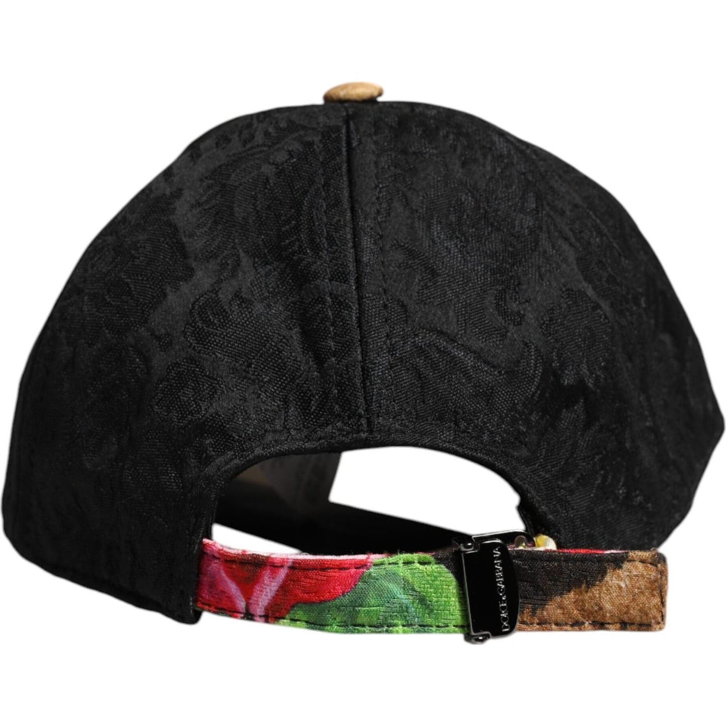 Back view of Dolce & Gabbana multicolor DG logo patch baseball cap with adjustable strap, showcasing intricate design details.