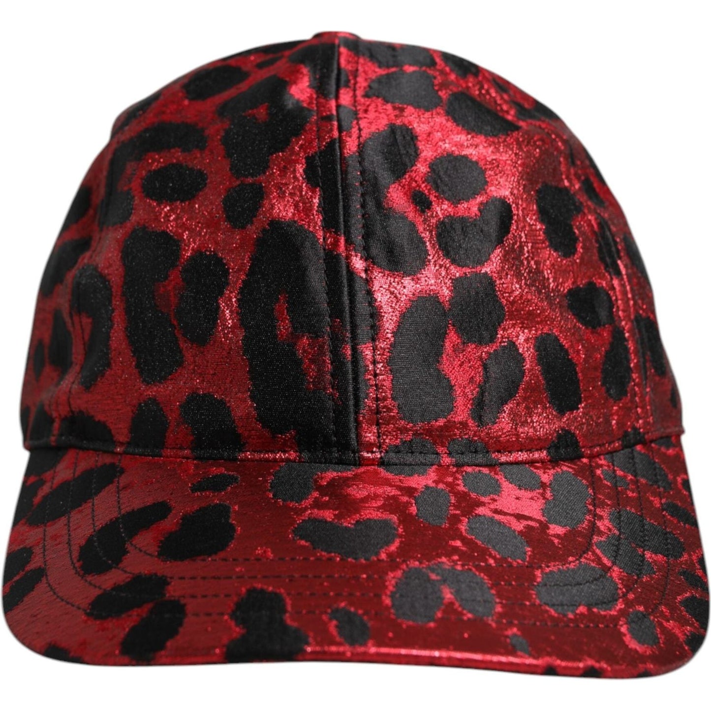 Dolce & Gabbana red leopard print baseball cap with DG logo, made with polyester film fiber and rayon lining, minor defect on closure.