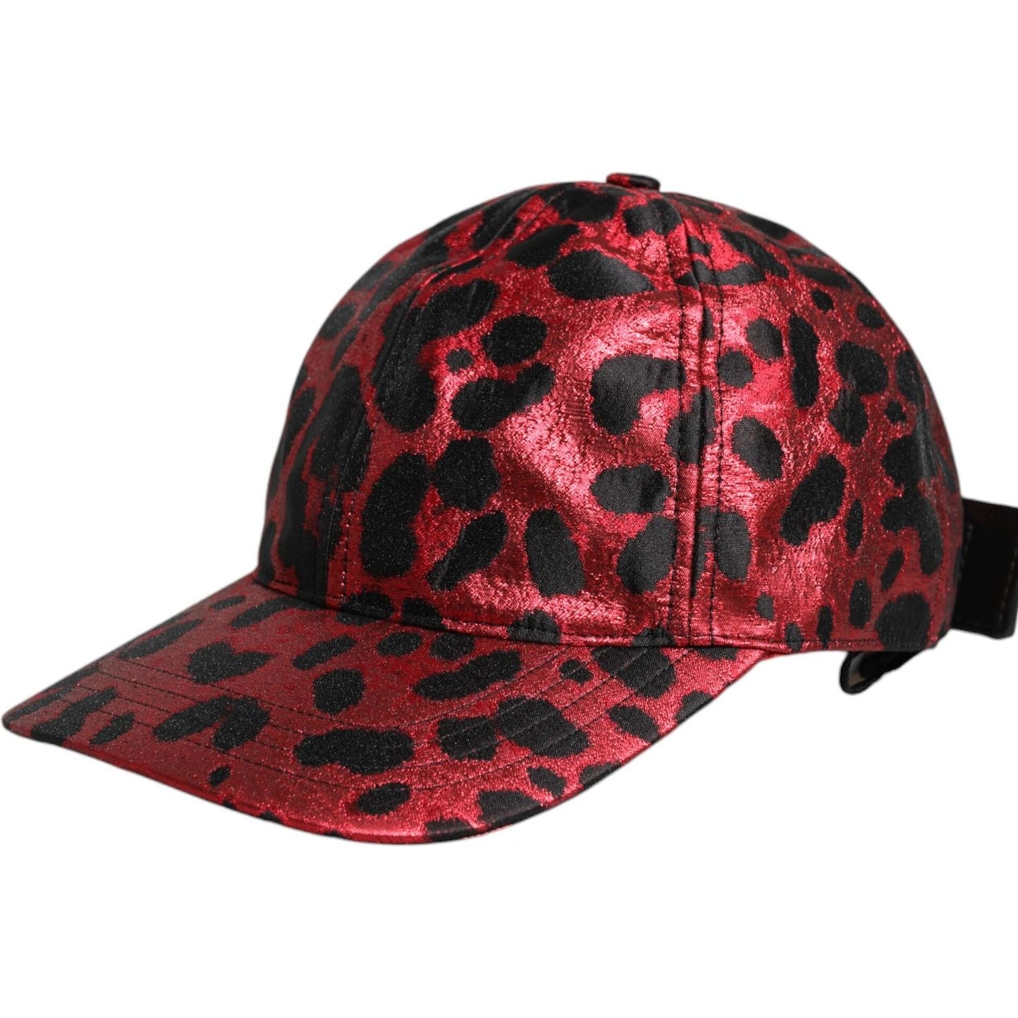 Dolce & Gabbana red leopard DG logo baseball cap with minor defect, features 6 panels, polyester material, and Italian craftsmanship.