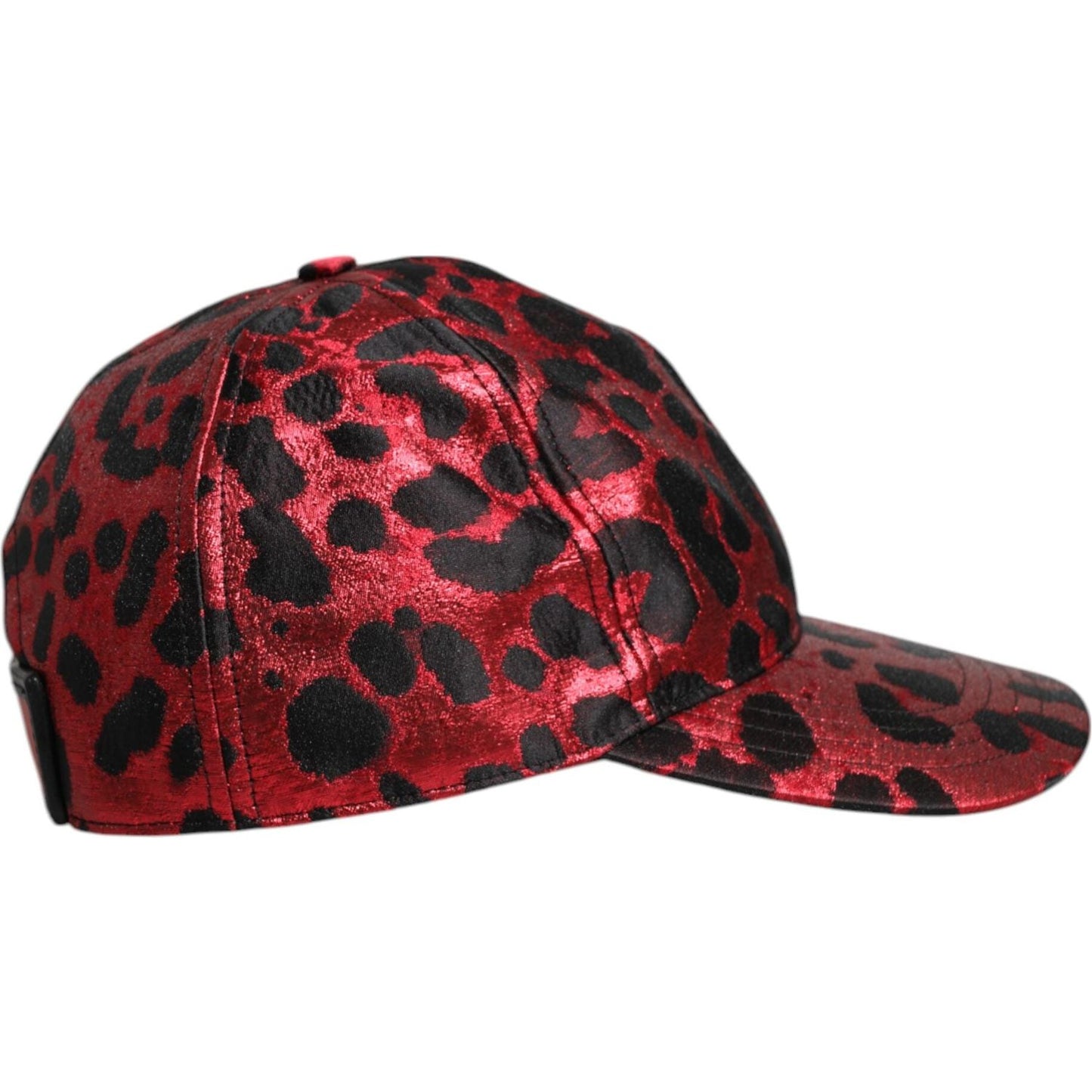 Dolce & Gabbana red leopard print baseball cap, 6 panels with DG logo, side view showing minor defect on closure.