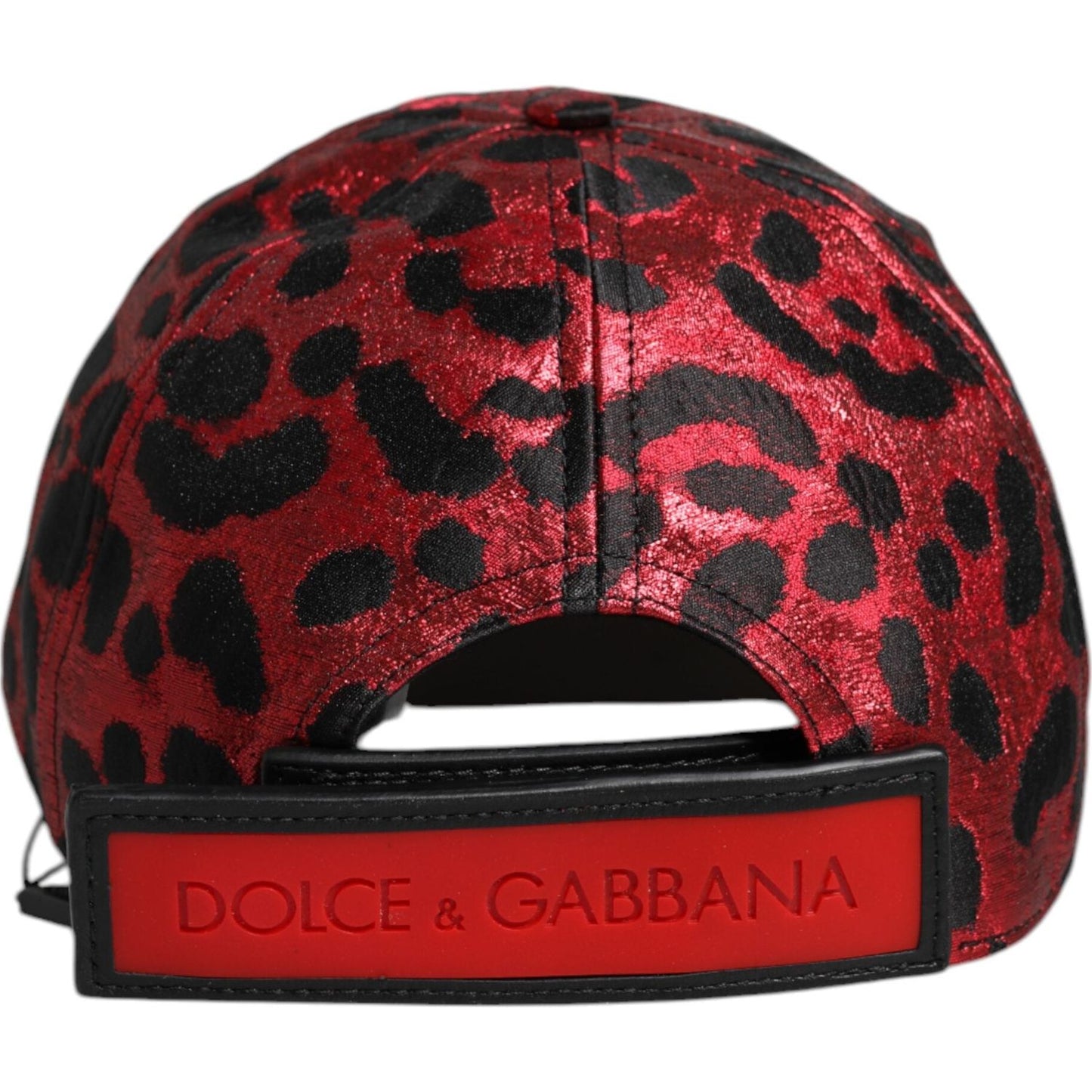 Back view of Dolce & Gabbana red leopard print baseball cap with DG logo and minor defect on closure.