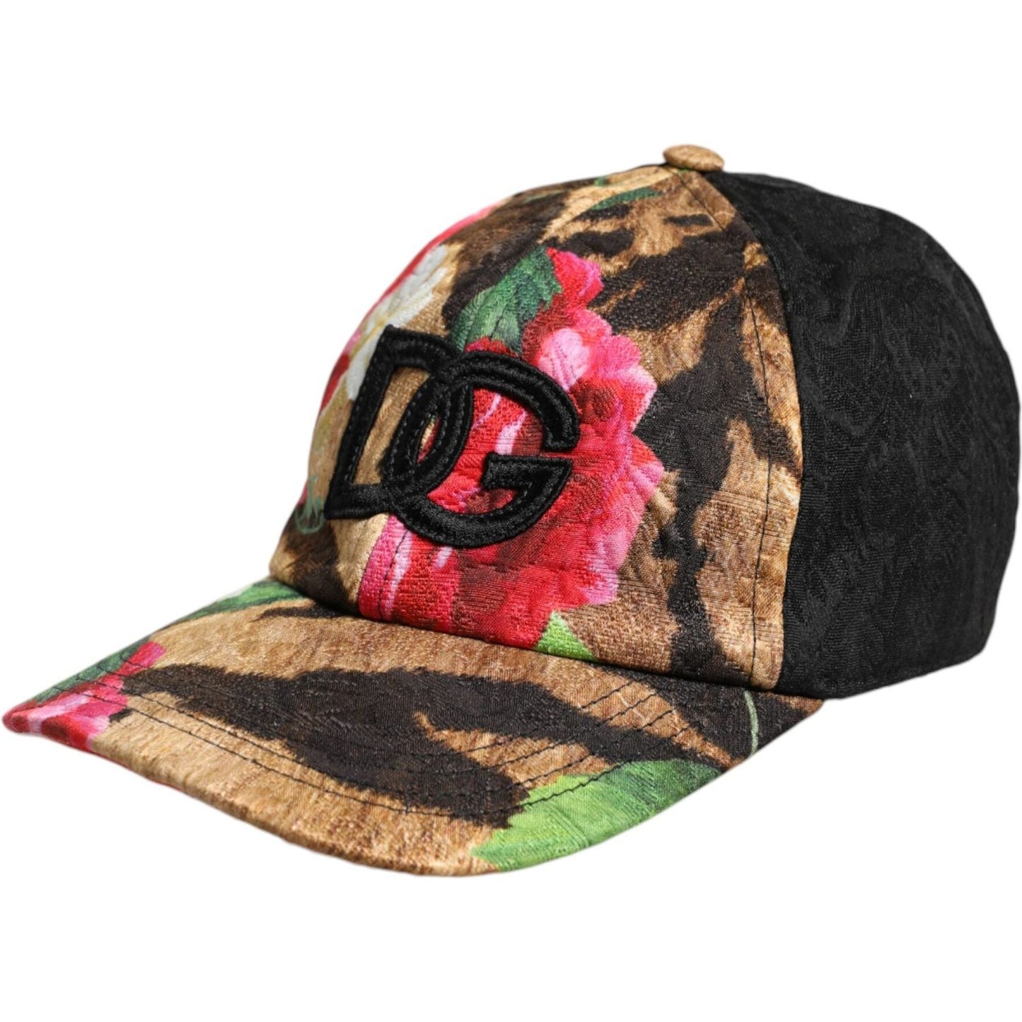Multicolor Dolce & Gabbana baseball cap with DG logo, featuring floral and abstract print, made from polyester and cotton blend.