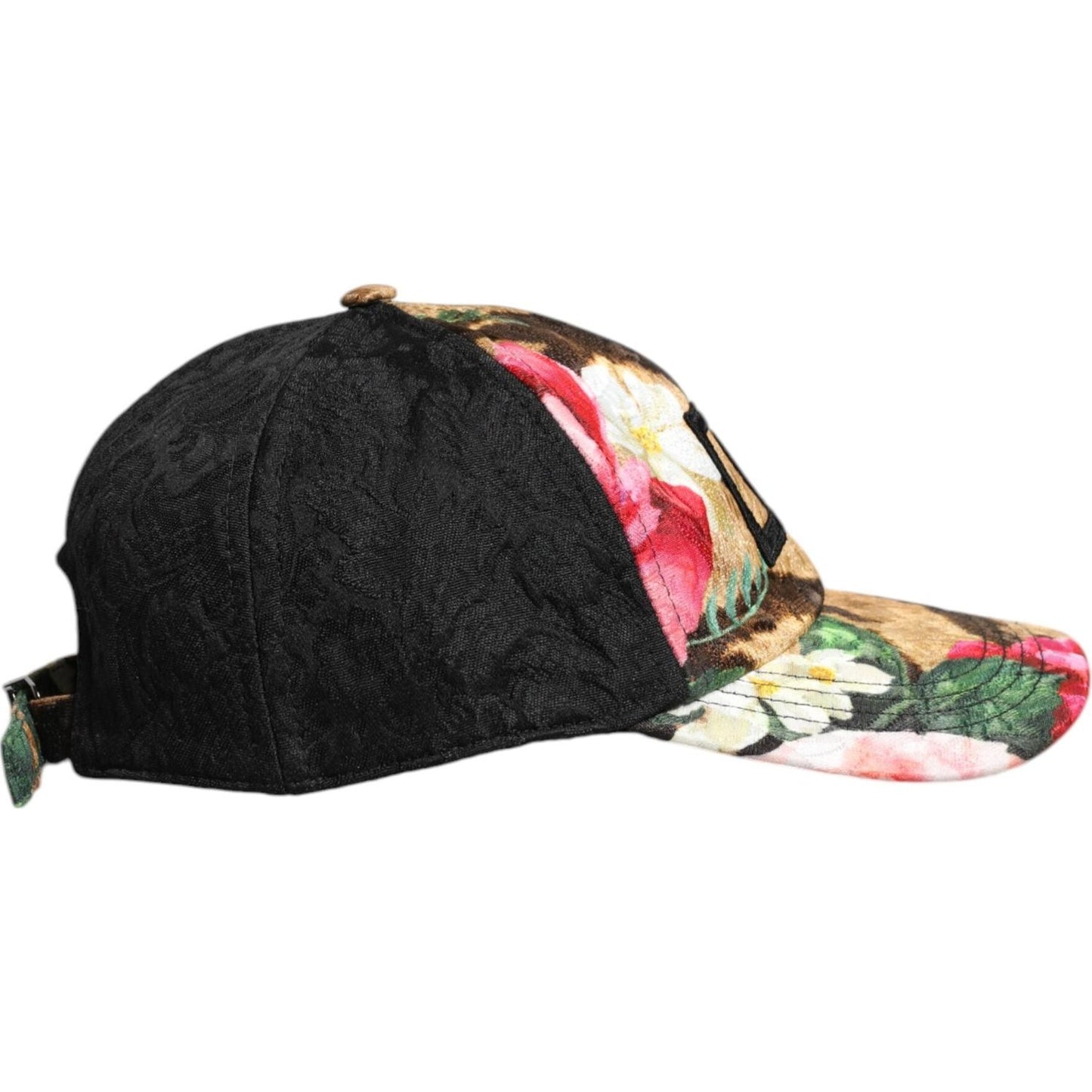 Dolce & Gabbana multicolor baseball cap with DG logo patch, floral design, and black panels. Made in Italy.
