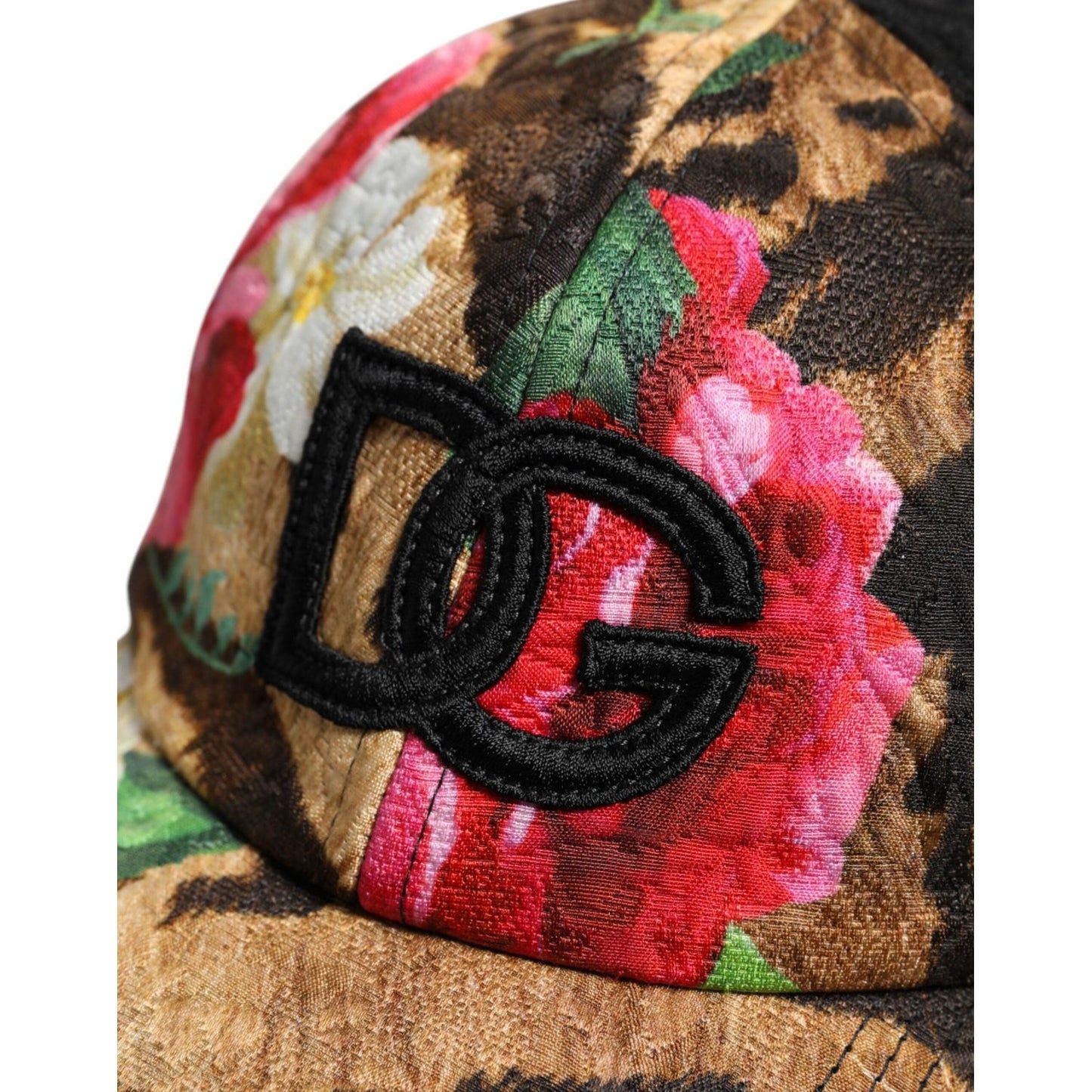 Dolce & Gabbana multicolor baseball cap with DG logo patch, floral pattern, 6-panel design, made in Italy, luxury men’s fashion accessory.
