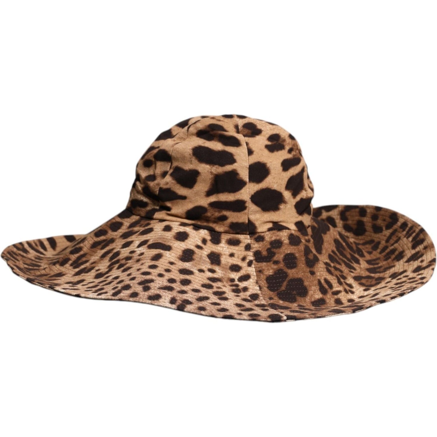 Dolce & Gabbana brown leopard print wide brim women's bucket hat in viscose with minor defect, elegant Italian fashion accessory.