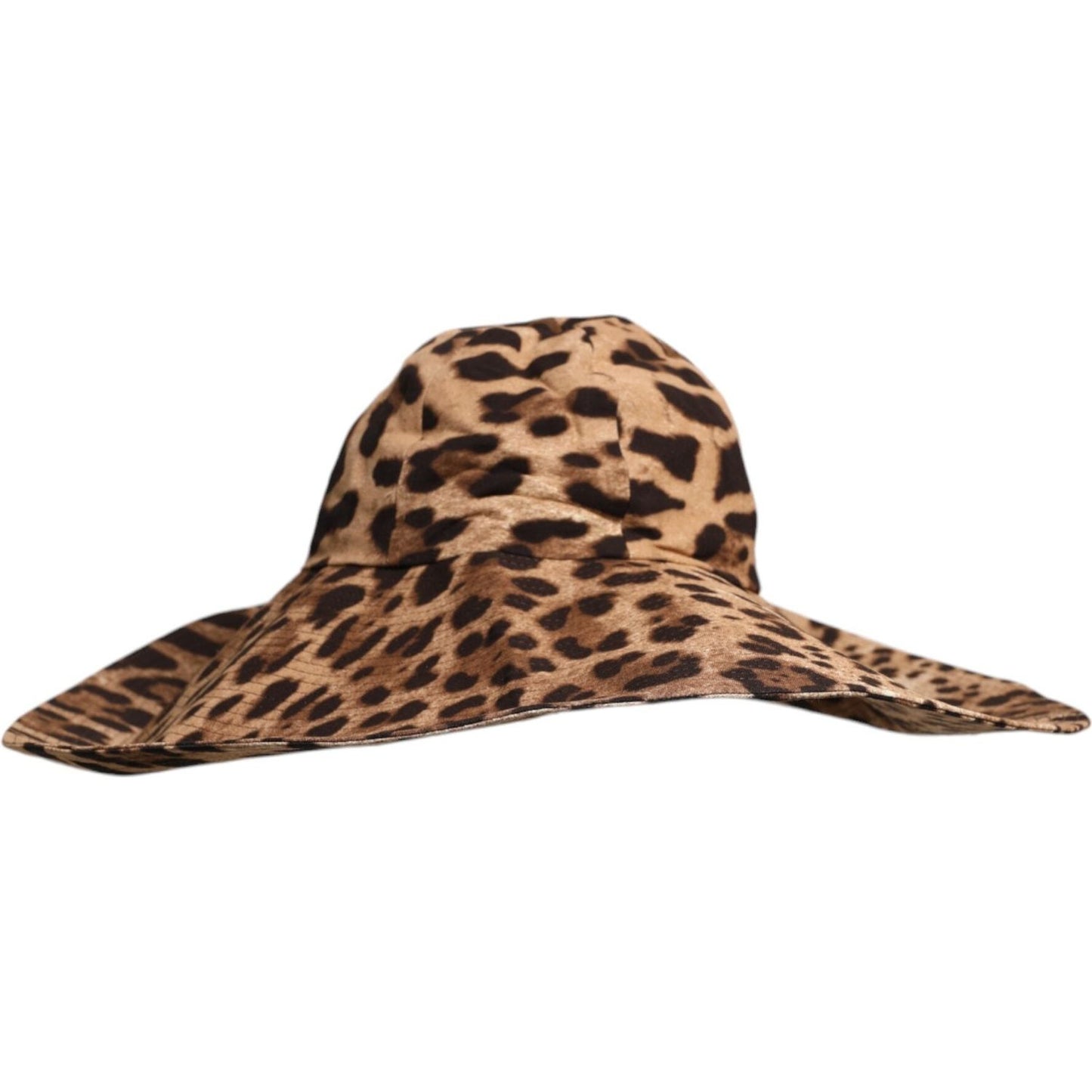 Dolce & Gabbana leopard print women's bucket hat in brown viscose with wide brim, features minor defects and logo details, made in Italy.