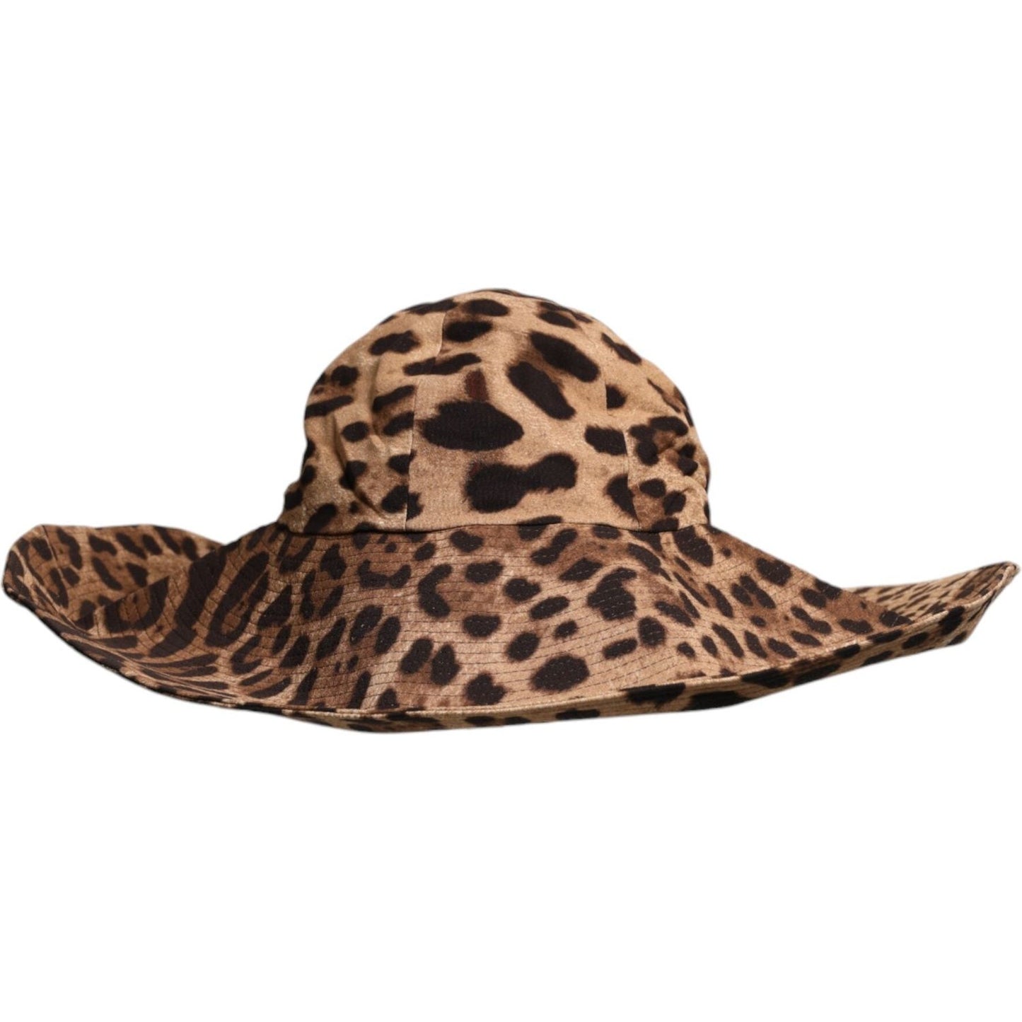 Dolce & Gabbana brown leopard print wide brim bucket hat in viscose, featuring logo details and a minor defect with pulled threads, made in Italy.