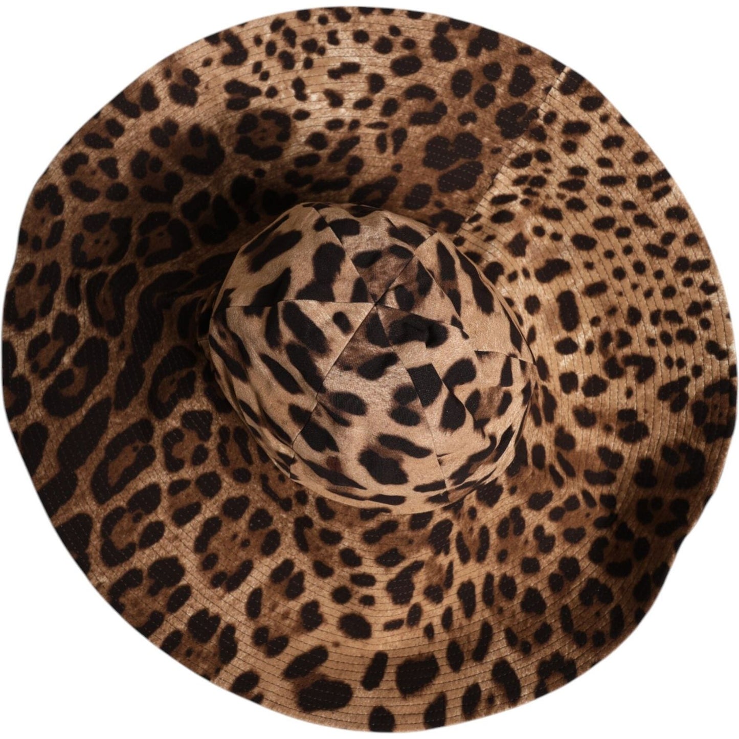 Dolce & Gabbana women's brown leopard print viscose bucket hat featuring wide brim and logo details, minor thread defect visible.
