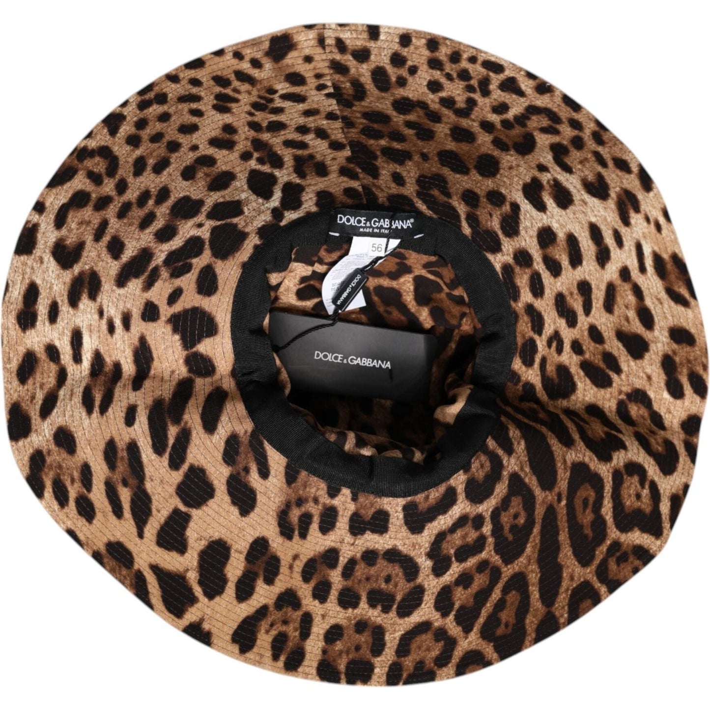 Dolce & Gabbana women's brown leopard print viscose bucket hat with wide brim and logo details, showing top view with minor defect.