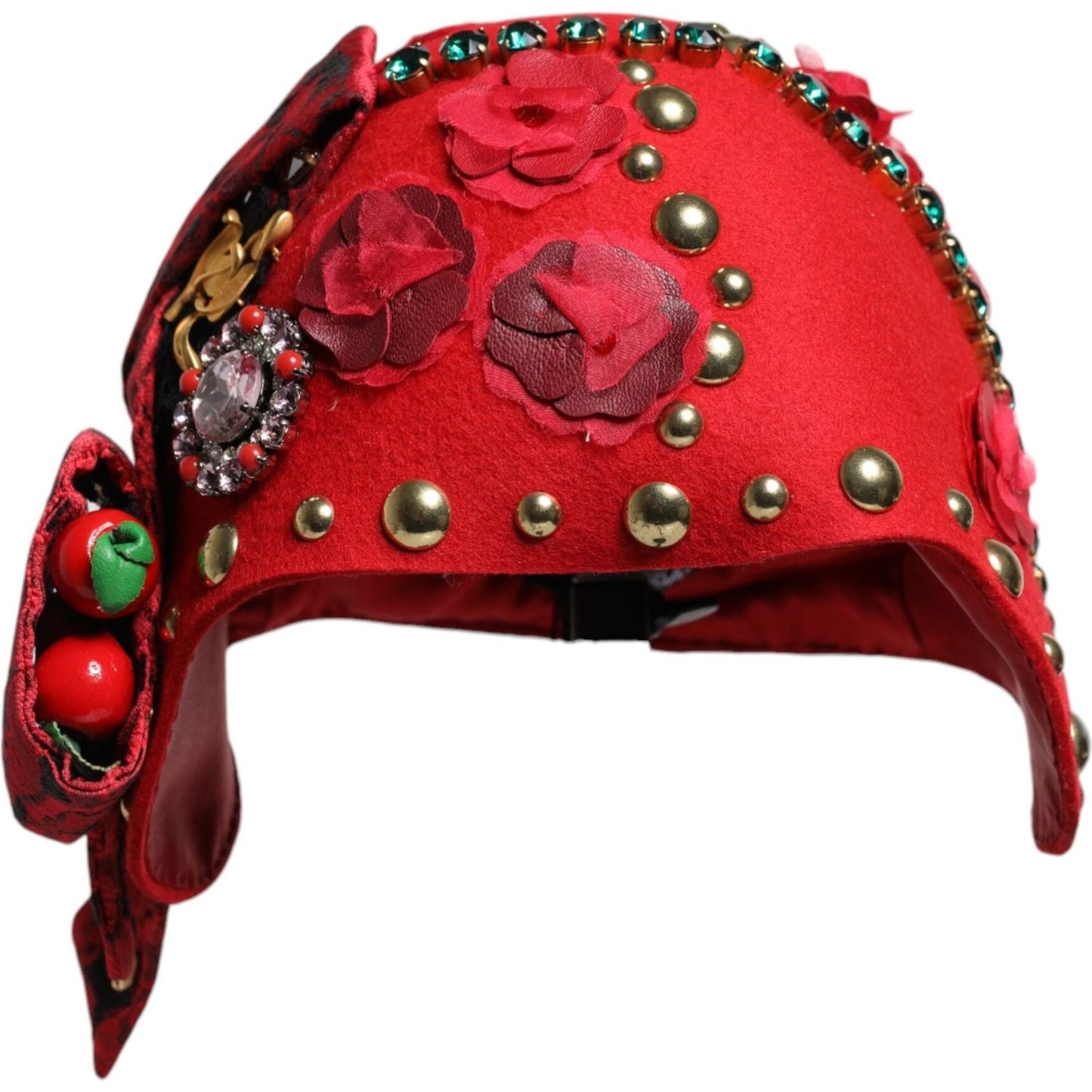 Dolce & Gabbana red cloche hat with crystal, gold roses and embellishments, luxury women's fashion accessory, preowned condition.