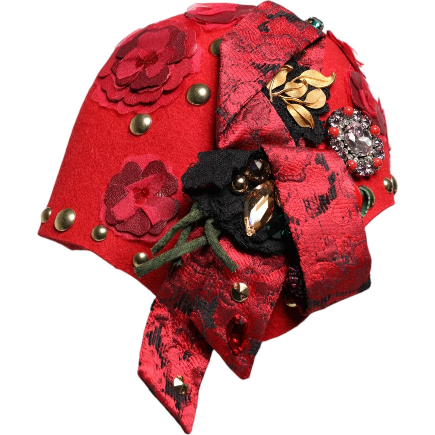 Dolce & Gabbana red cloche hat embellished with crystal gold roses and floral details, preowned luxury accessory.