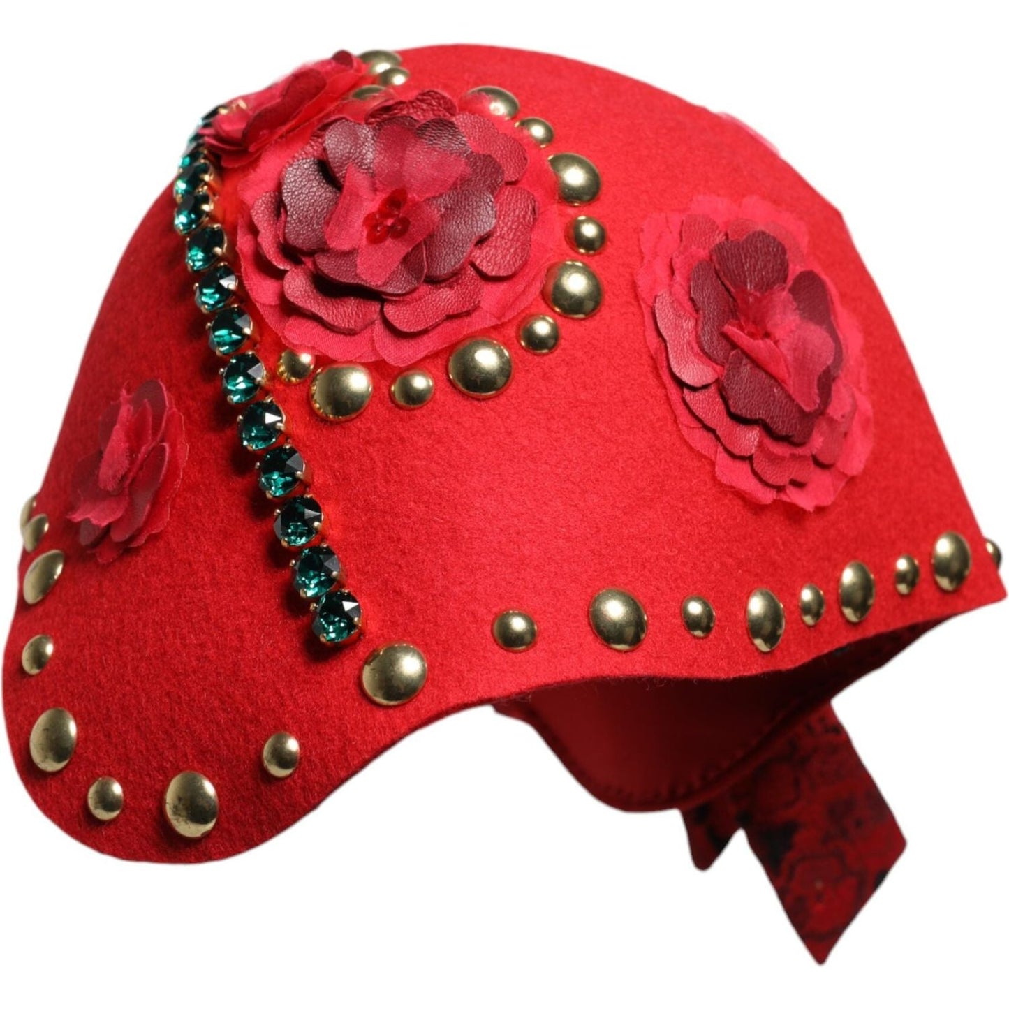 Dolce & Gabbana red cloche hat with crystal gold rose embellishments, preowned luxury wool accessory, multicolor details, made in Italy.