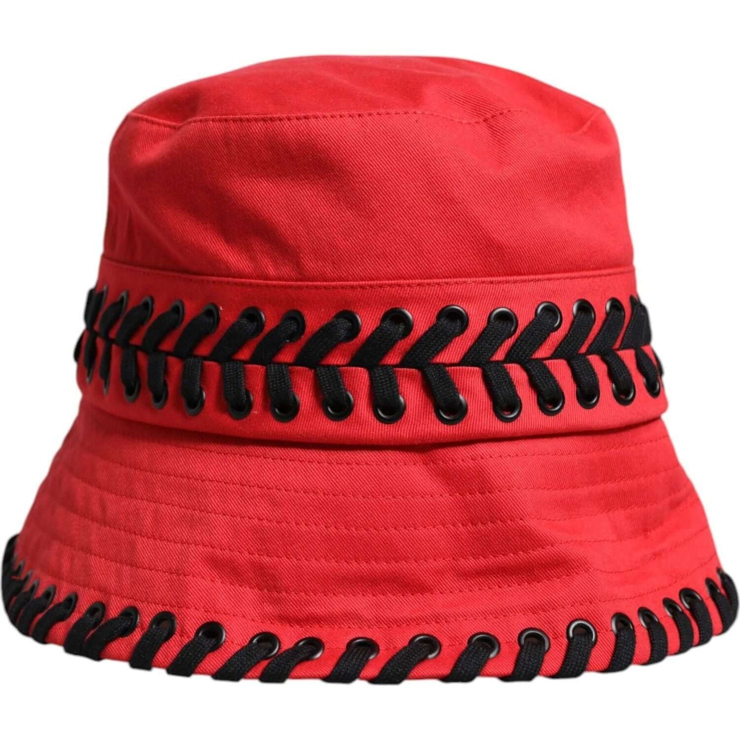 Dolce & Gabbana women's red polyester bucket hat with black lace trim, made in Italy, featuring brand logo.