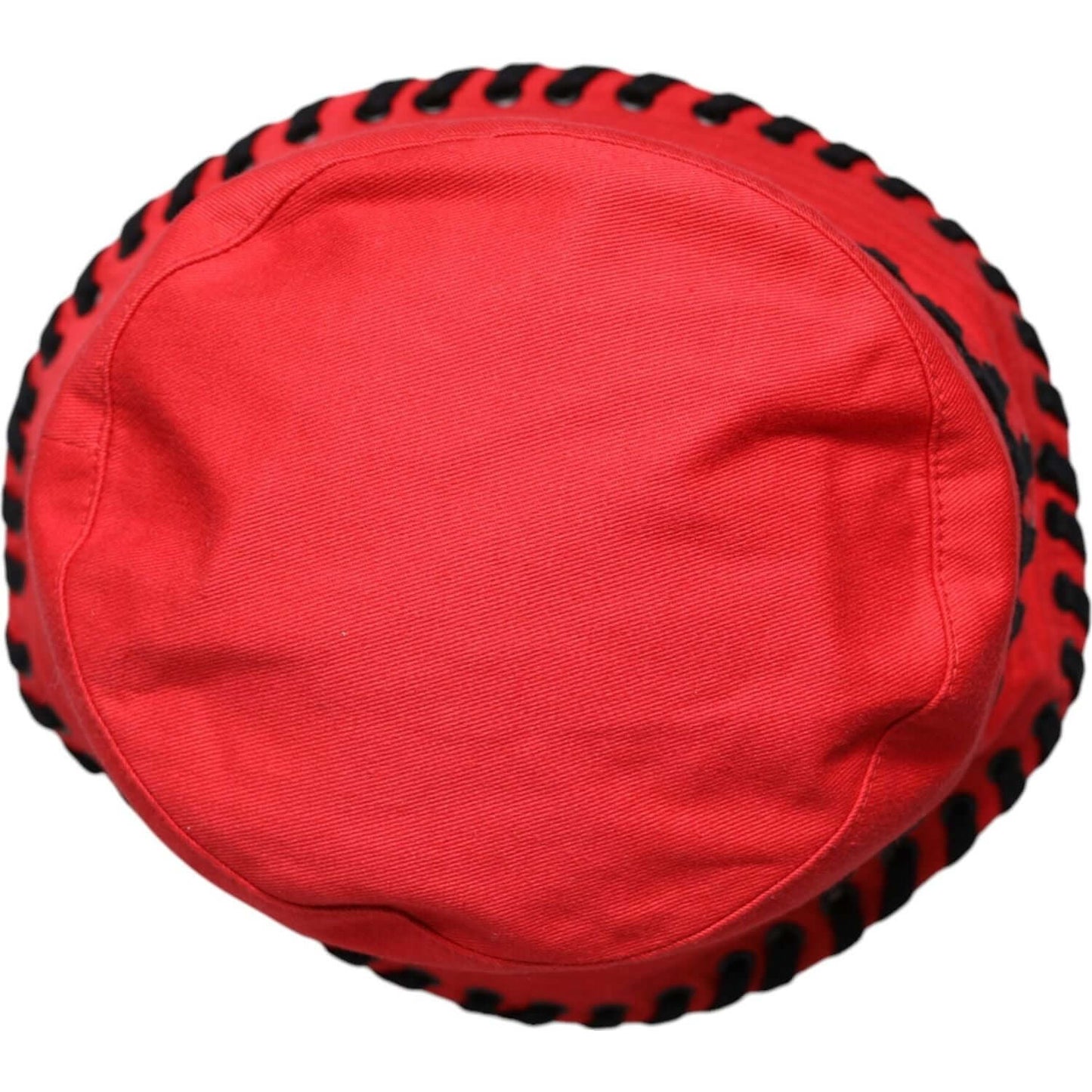 Dolce & Gabbana red lace polyester bucket hat with wide brim, featuring logo details. Women's fashion accessory, made in Italy.