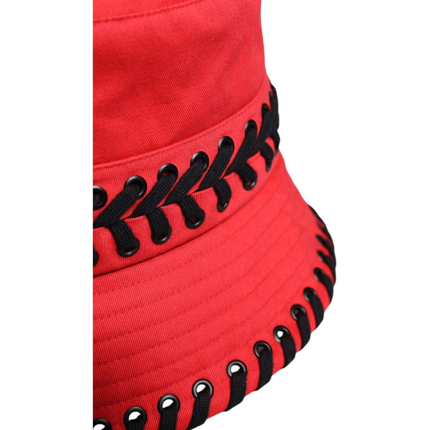 Dolce & Gabbana red lace polyester bucket hat with wide brim, black lace detail, Italian-made, luxury women's fashion accessory.