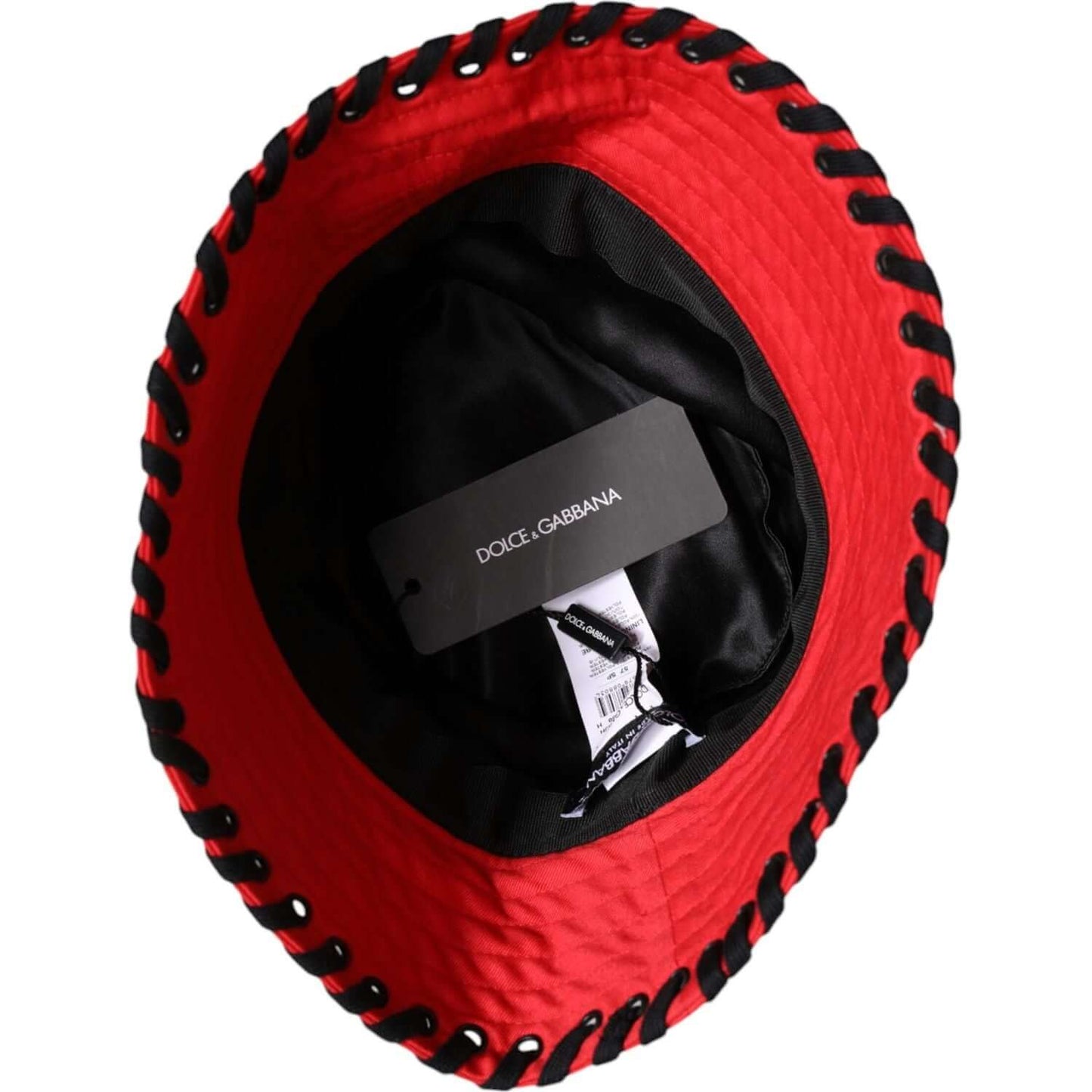 Dolce & Gabbana Red Lace Polyester Wide Brim Bucket Hat, 100% Authentic, Made in Italy, features logo details, stylish women's fashion accessory.