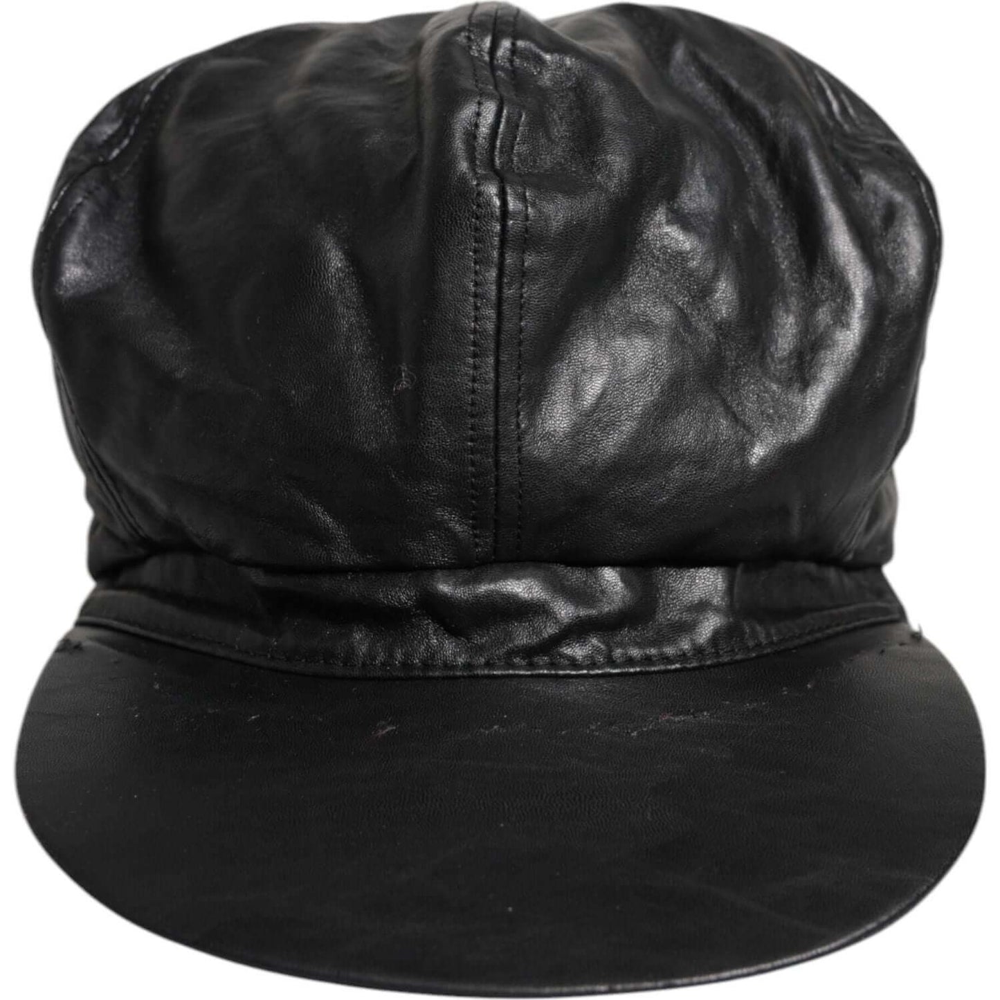 Dolce & Gabbana black leather newsboy cap, women's luxury fashion hat with minor scratch, high craftsmanship, made in Italy.