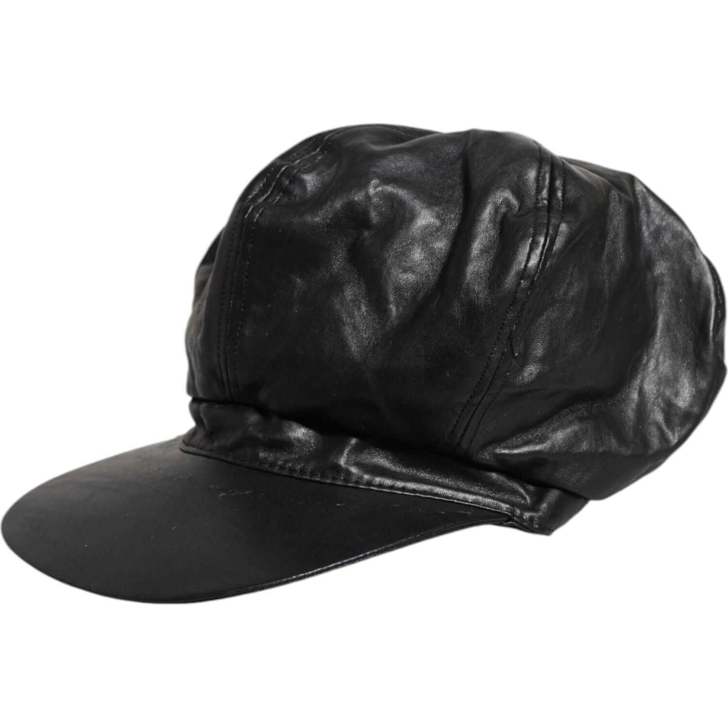 Dolce & Gabbana black leather newsboy cap for women, featuring logo details, Italian craftsmanship, minor scratches on back.