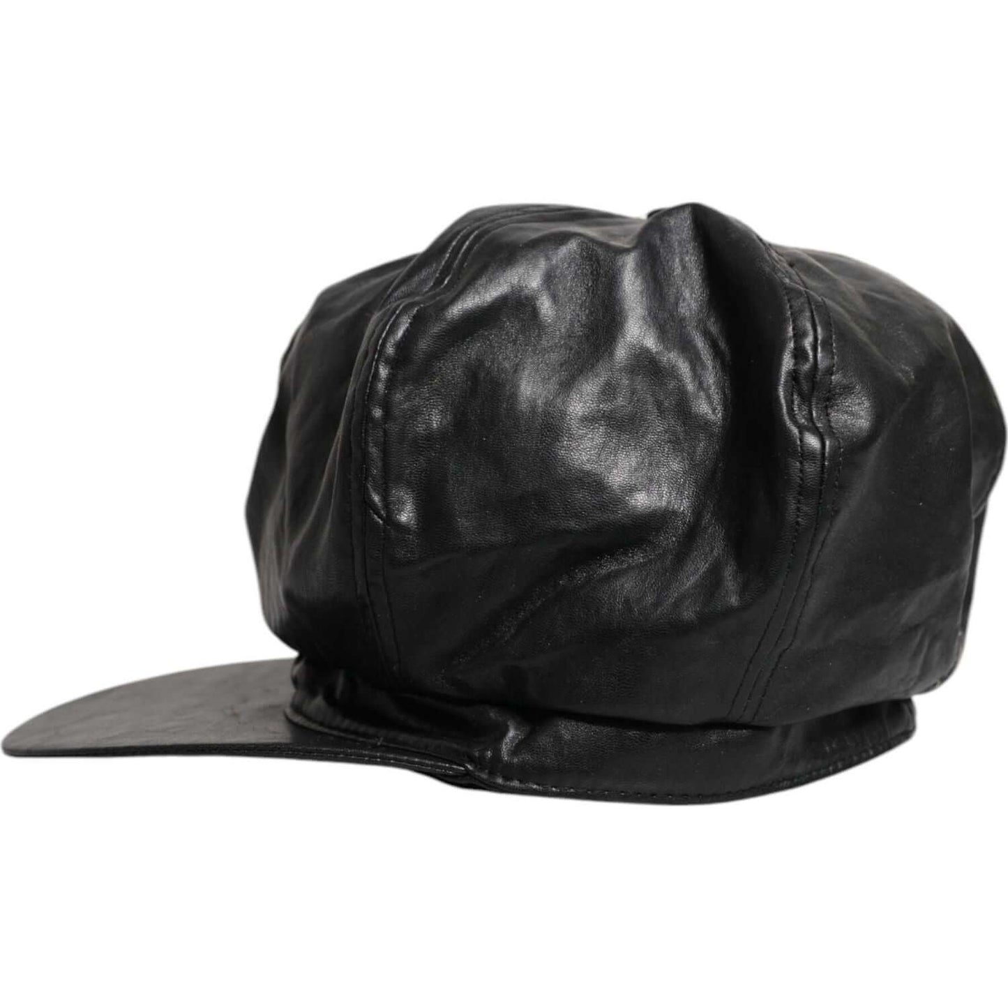 Dolce & Gabbana black calf leather newsboy cap, featuring logo details, made in Italy, with minor scratches on the back.