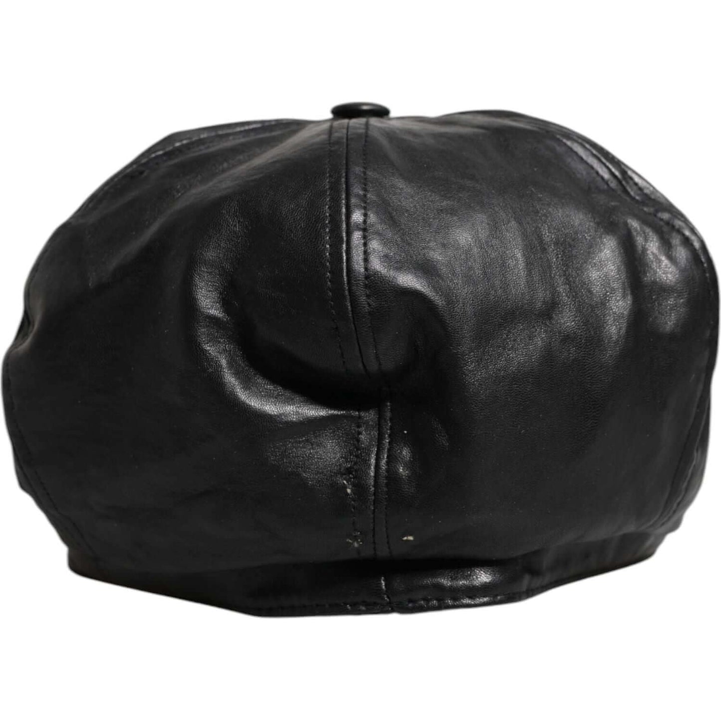 Dolce & Gabbana black leather newsboy cap showing back scratches, luxury women's hat made in Italy, exclusive fashion accessory.