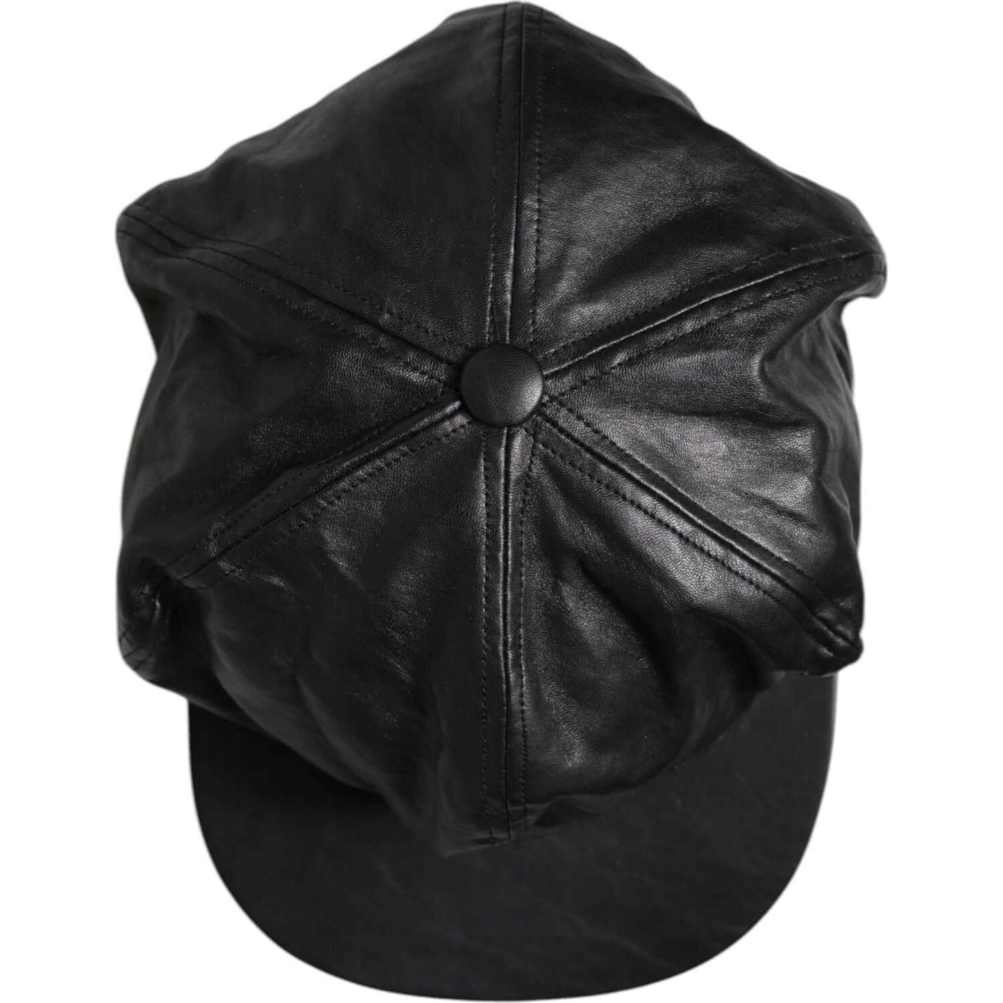 Dolce & Gabbana black leather newsboy cap, exclusive Italian craftsmanship, minor defects on back, fashion accessory.