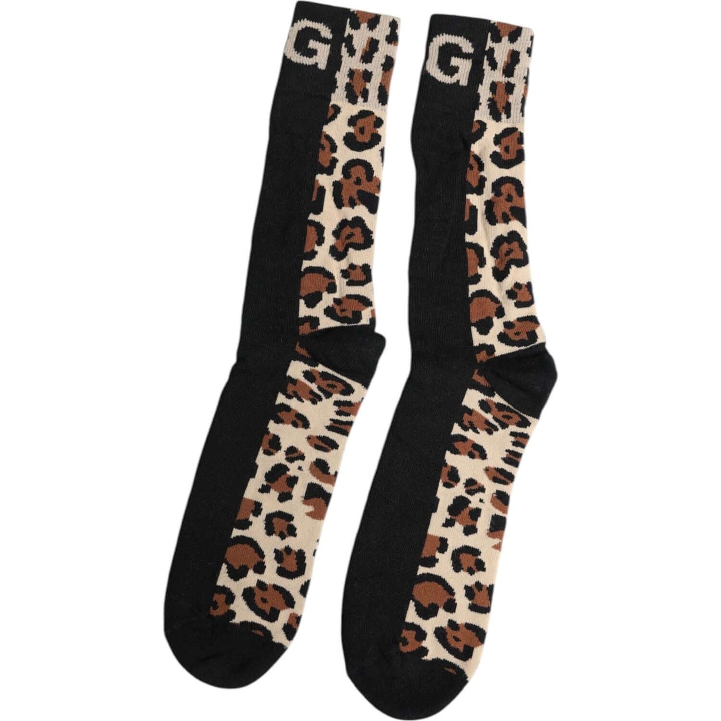 Dolce & Gabbana black brown leopard print mid calf nylon socks for men with logo detail, made in Italy, elegant fashion accessory.