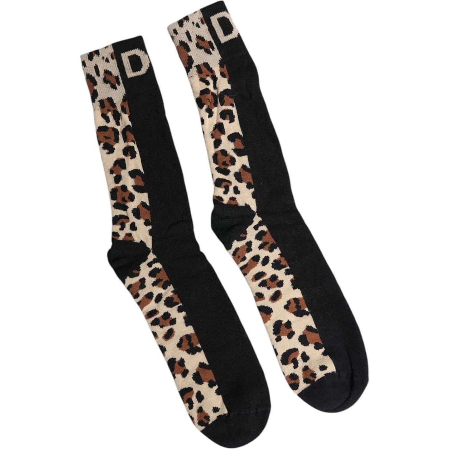 Dolce & Gabbana men's mid-calf socks with black and brown leopard print, featuring logo details, made in Italy, nylon blend.