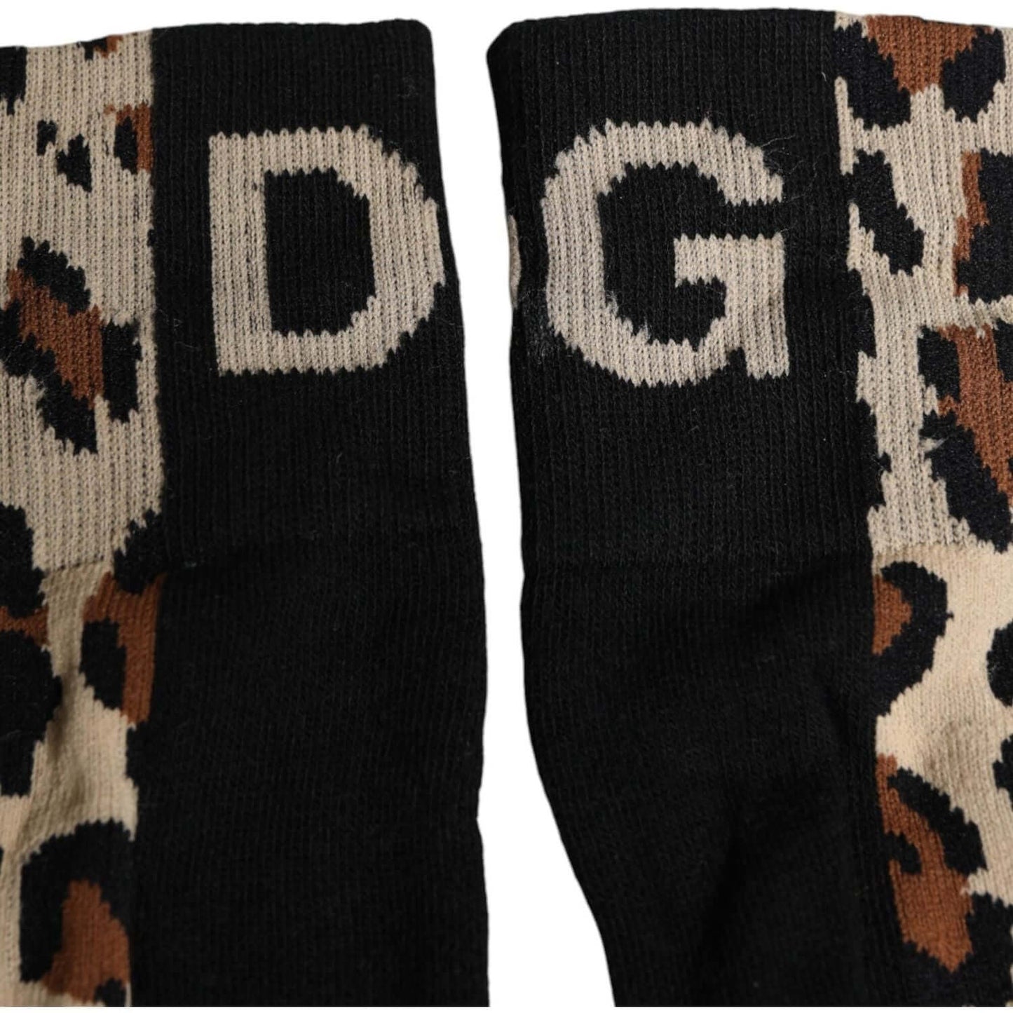 Dolce & Gabbana leopard print men's nylon mid calf socks, black and brown, logo details, made in Italy, luxury fashion accessories.