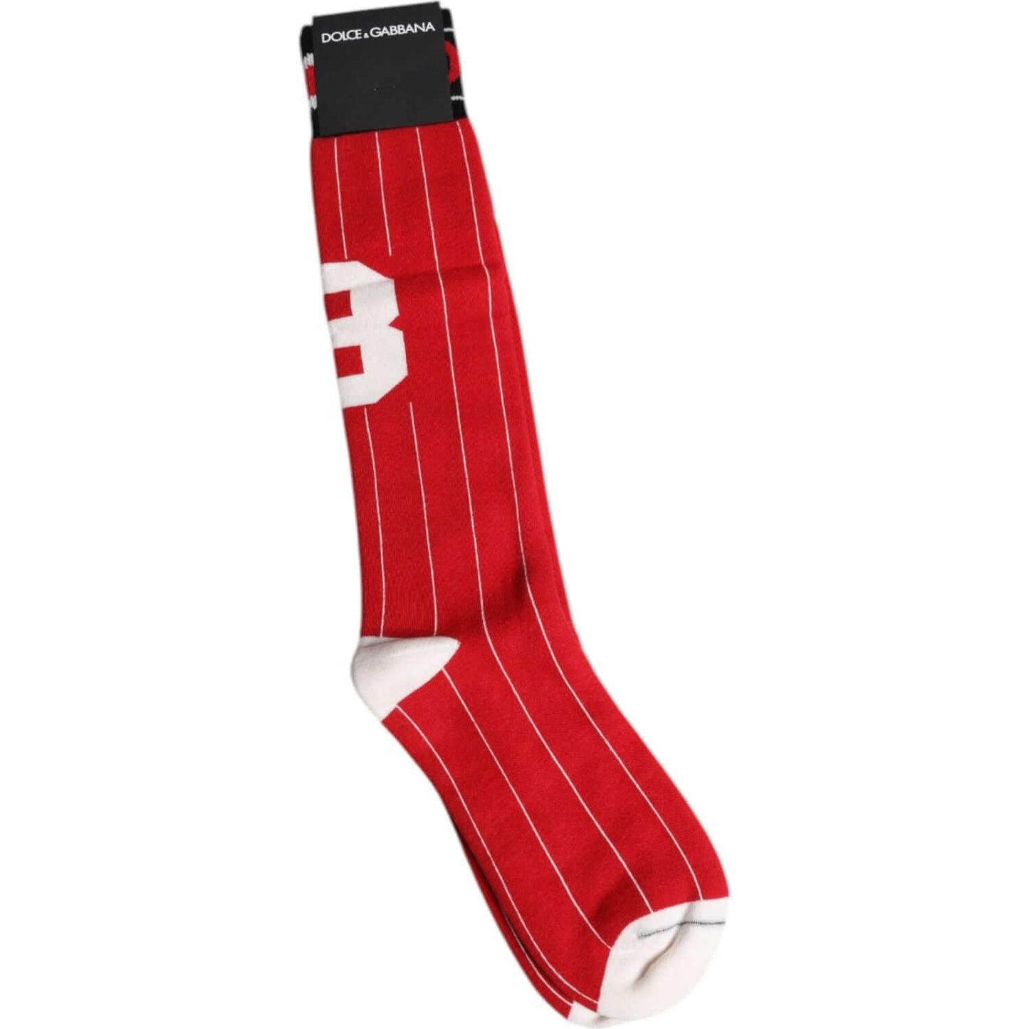 Dolce & Gabbana red printed cotton mid-calf men's socks with white stripes and logo, made in Italy
