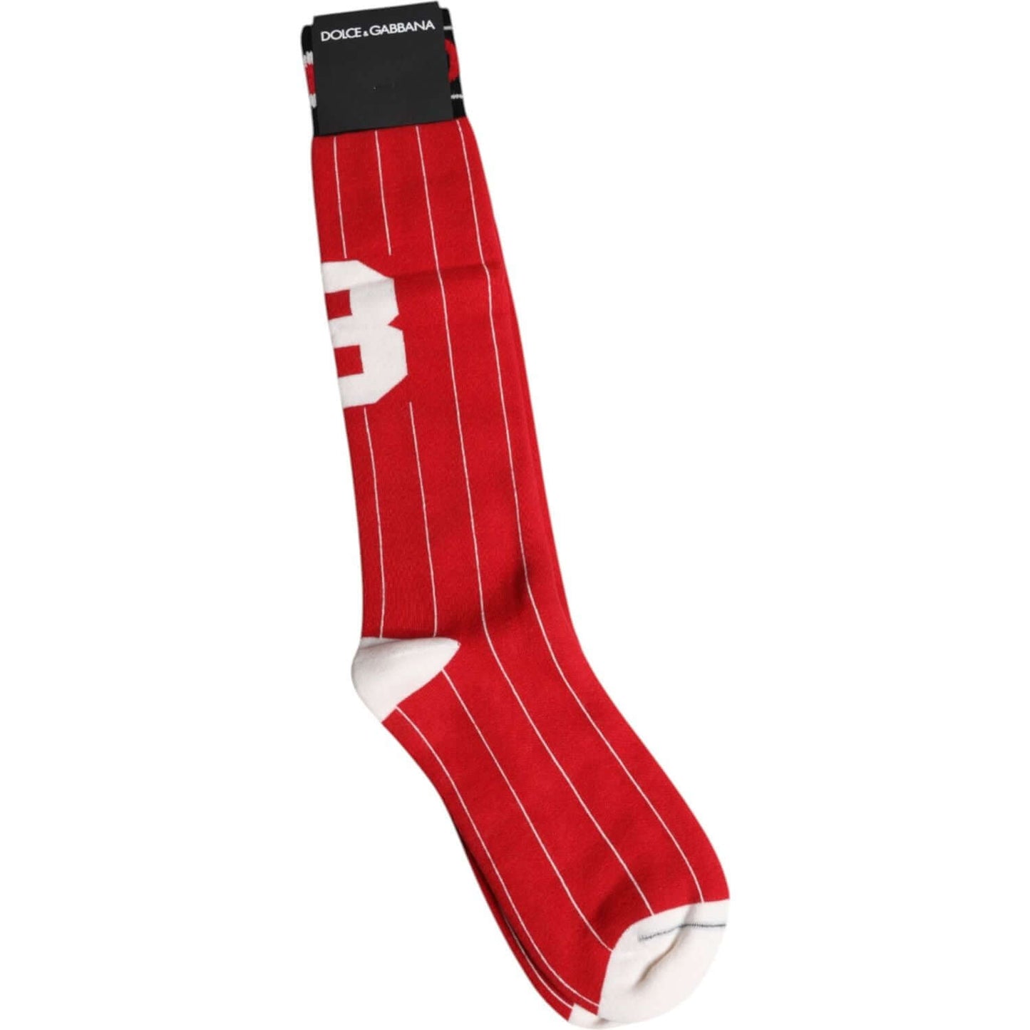 Dolce & Gabbana red mid calf men's socks with white stripes and logo, made from cotton blend. Stylish Italian fashion accessory.