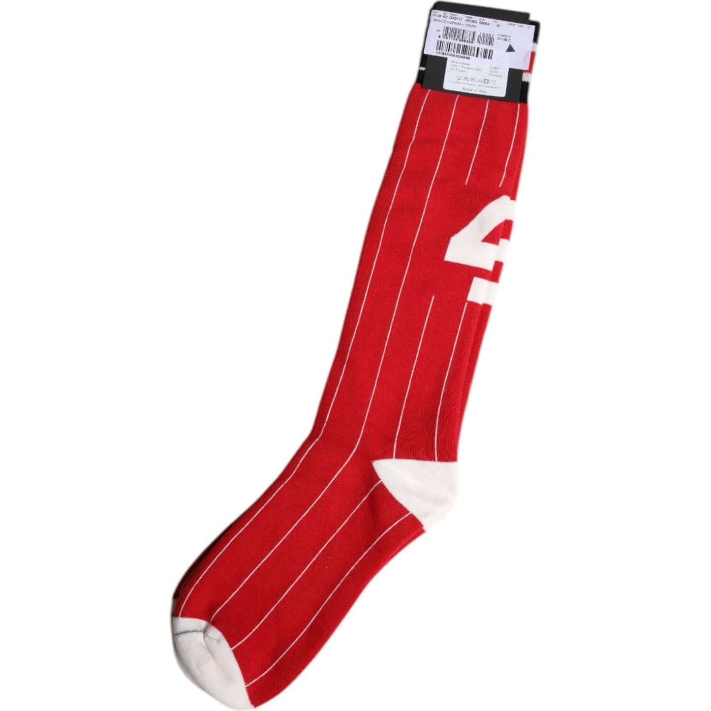 Dolce & Gabbana red printed cotton men's mid-calf socks with white stripes, made in Italy, featuring logo details. 88% cotton blend.