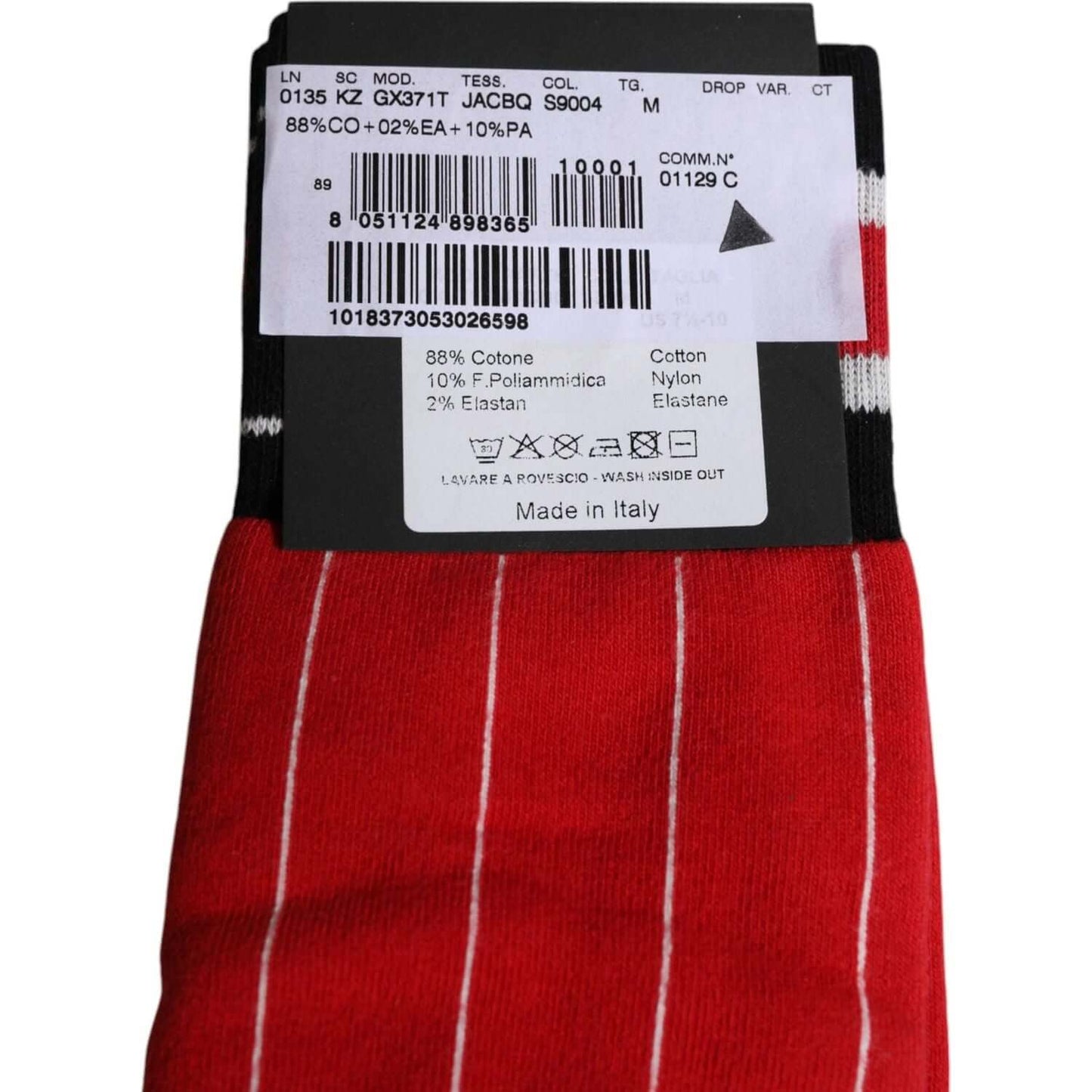 Dolce & Gabbana red printed cotton mid calf men's socks with white stripes and packaging details, made in Italy.