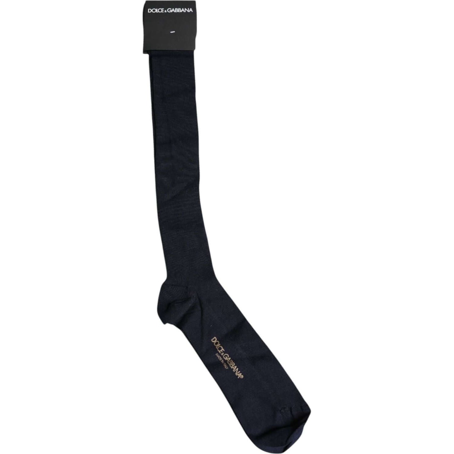Black Dolce & Gabbana men's viscose logo over the calf socks, made in Italy. Luxurious and stylish, perfect for premium fashion.