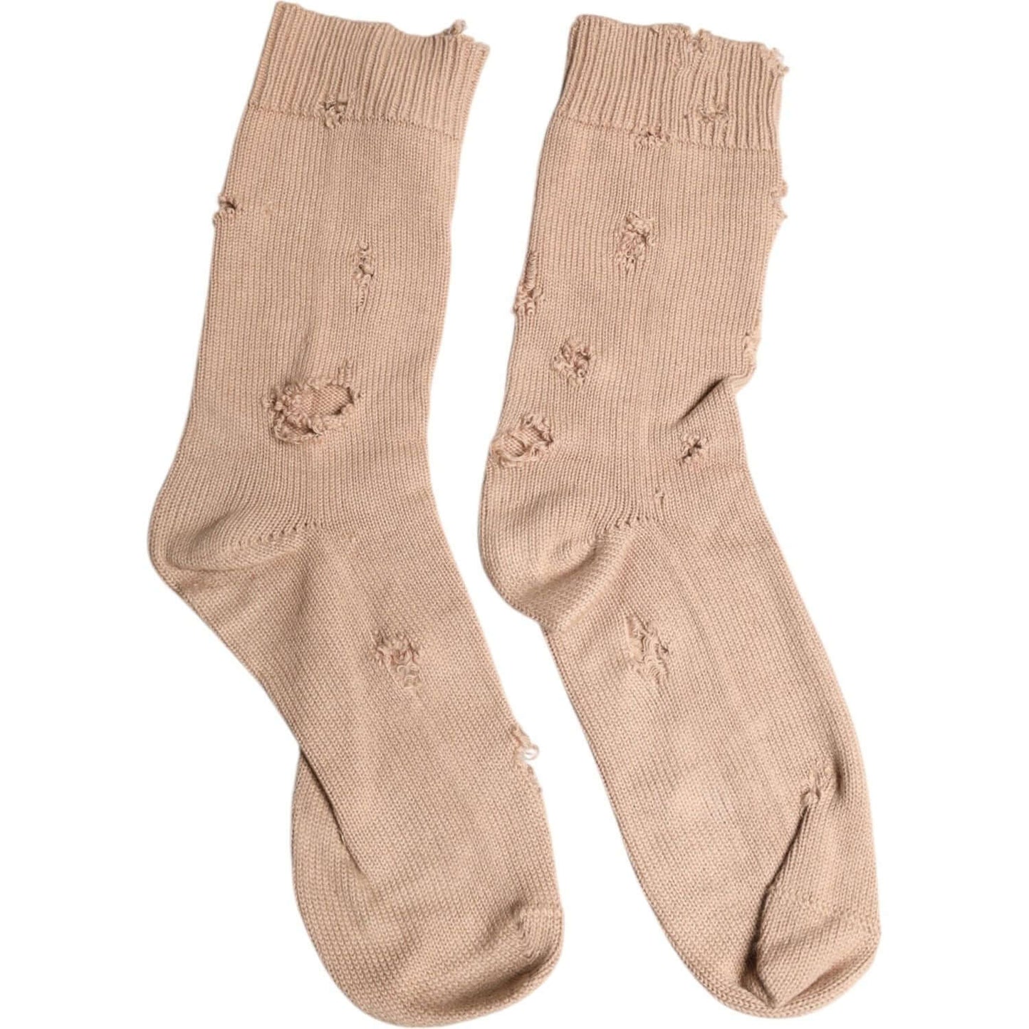 Dolce & Gabbana beige solid stretch mid calf men's socks with logo details, made in Italy.