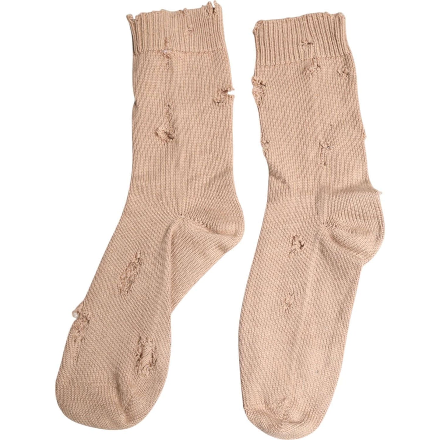 Dolce & Gabbana beige solid stretch mid calf men's socks, featuring logo details, made in Italy.
