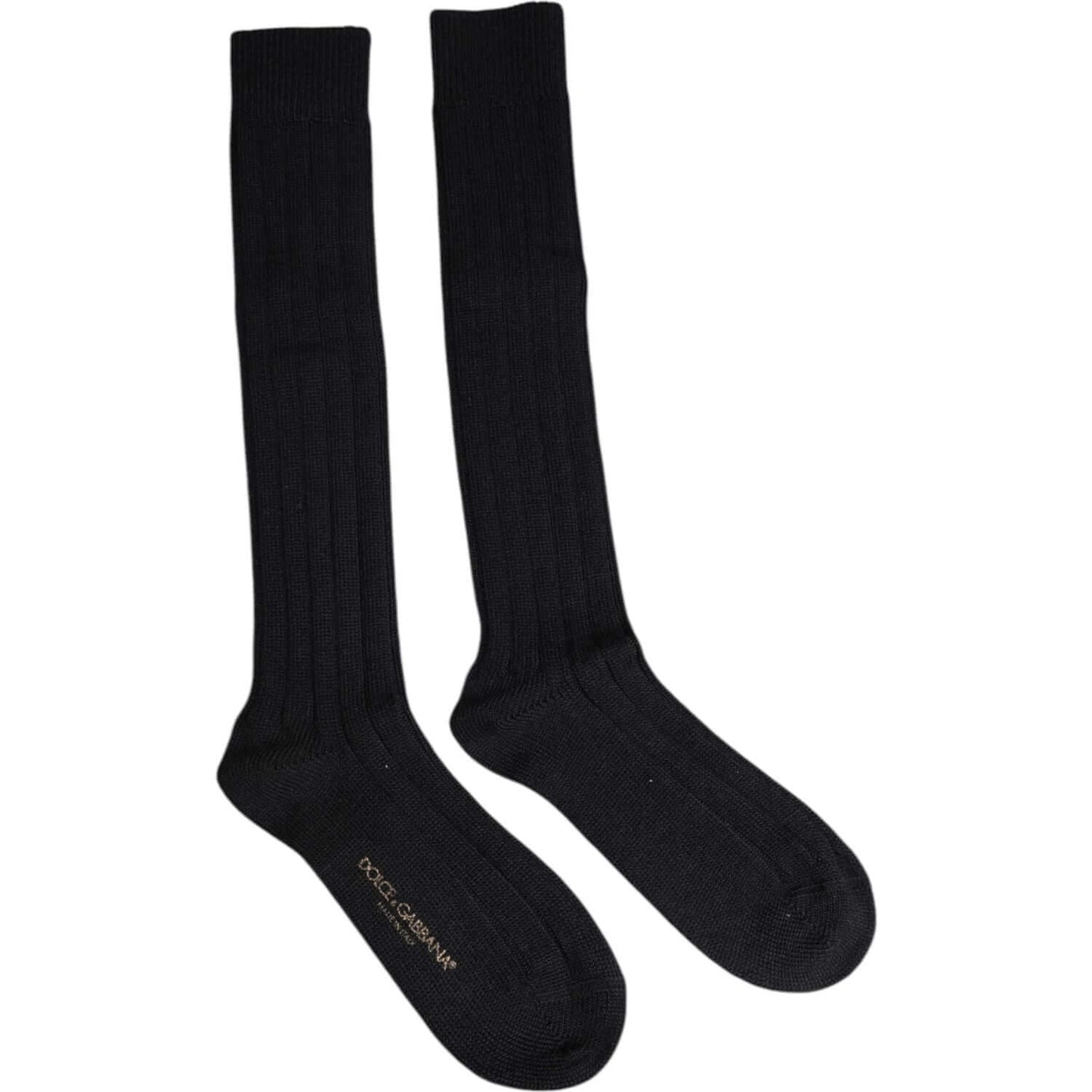 Dolce & Gabbana black over the calf socks with logo print, men's wool blend made in Italy.