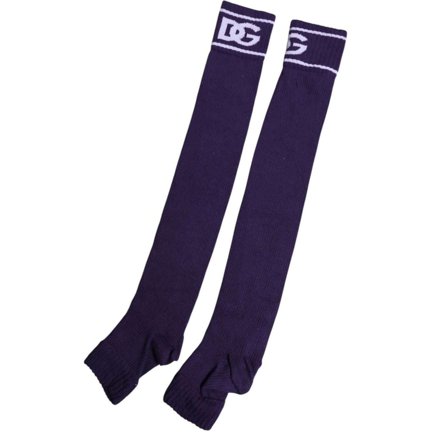 Purple Dolce & Gabbana open toe socks with DG logo, men's cotton/polyester blend, made in Italy.