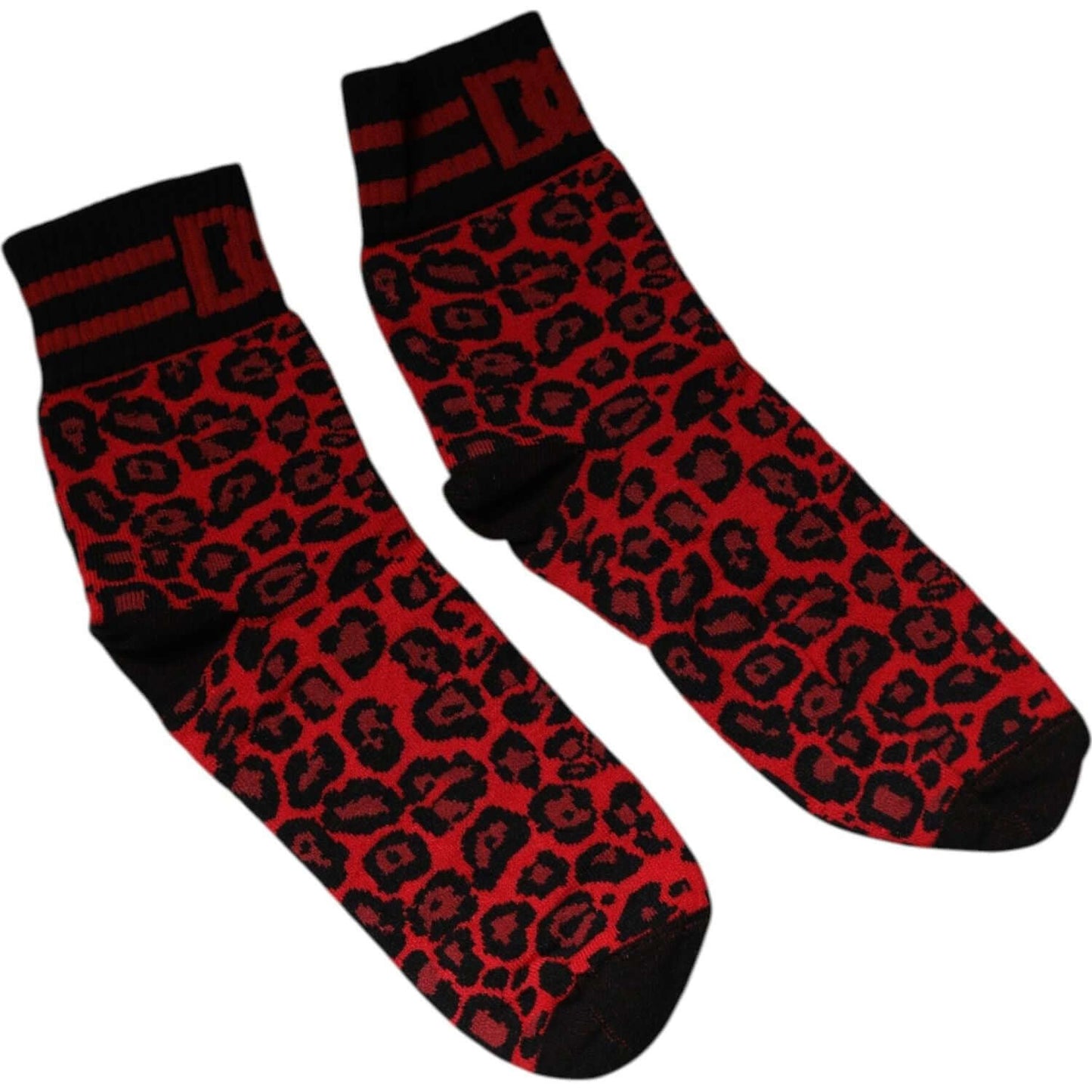 Dolce & Gabbana red leopard print nylon mid-calf men's socks with logo detail, made in Italy, featuring a bold red and black design.